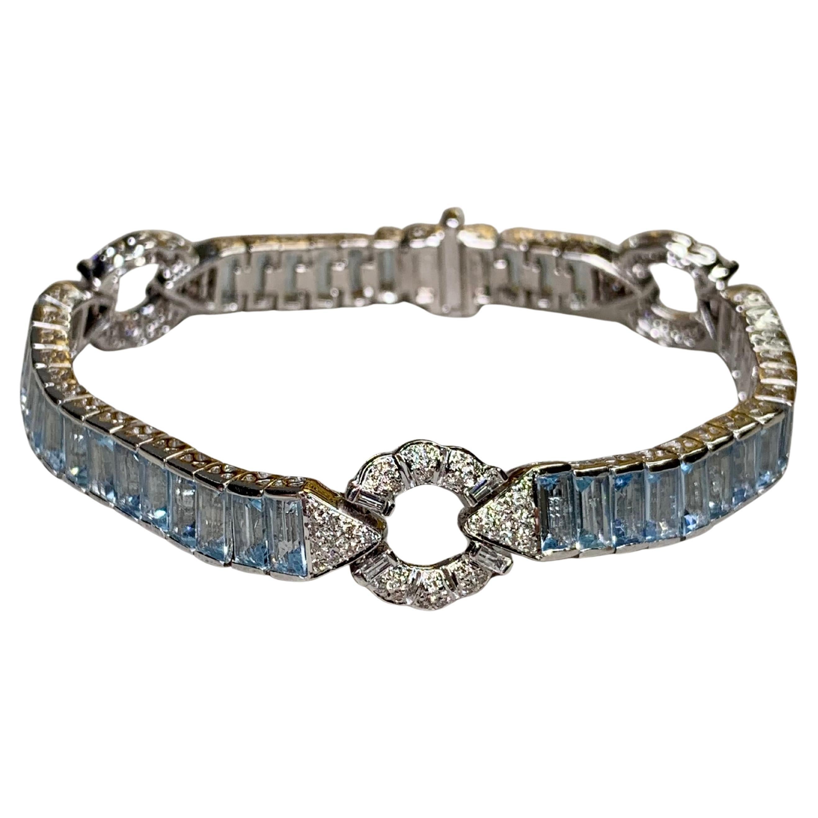 Bracciale Estate in oro bianco 18K Baguette Acquamarina Linea Diamante 21.80ctw 6.75"