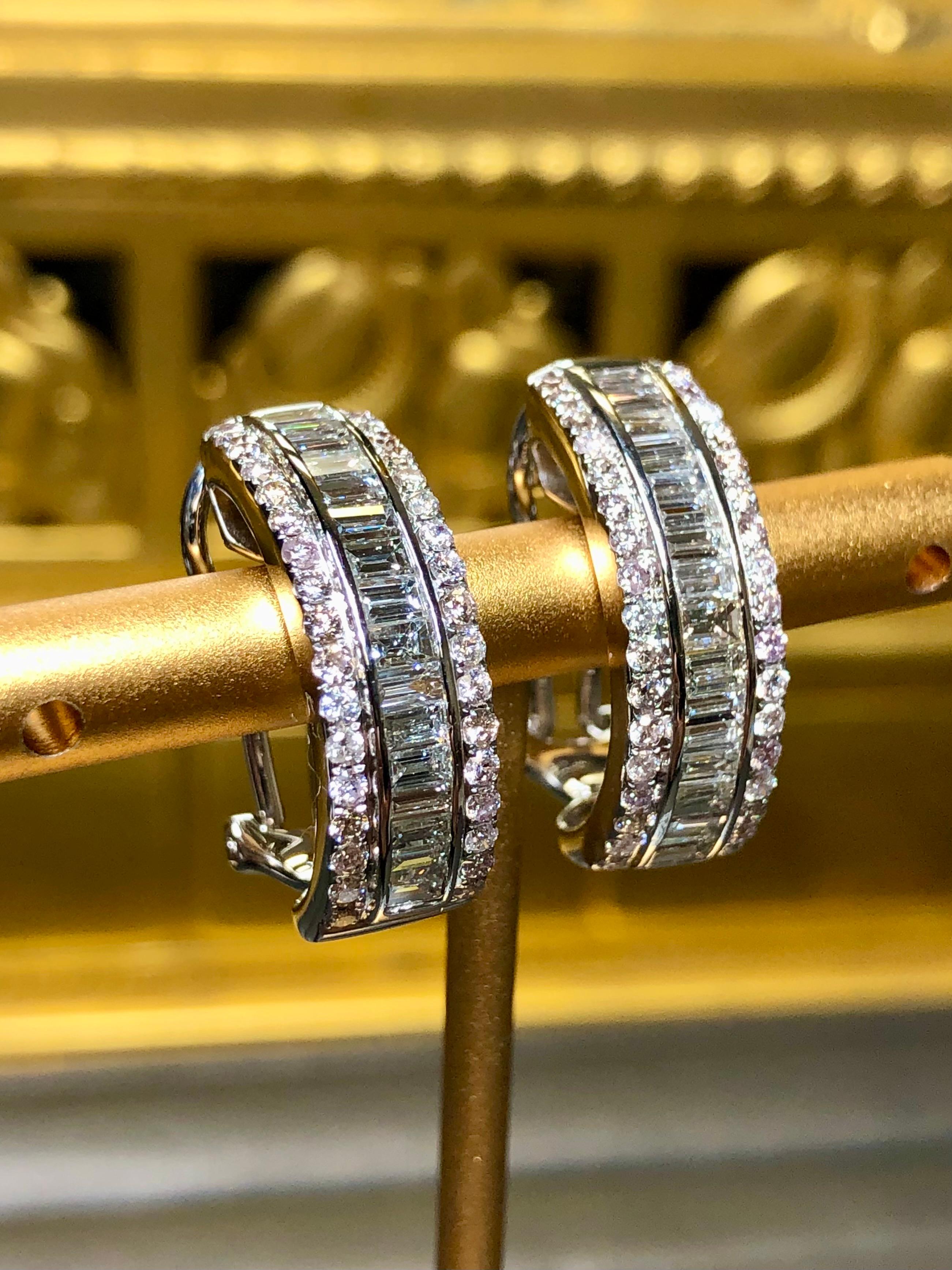 Contemporary Estate 18K White Gold Baguette Round Diamond Hoop Omega Back Huggie Earrings For Sale