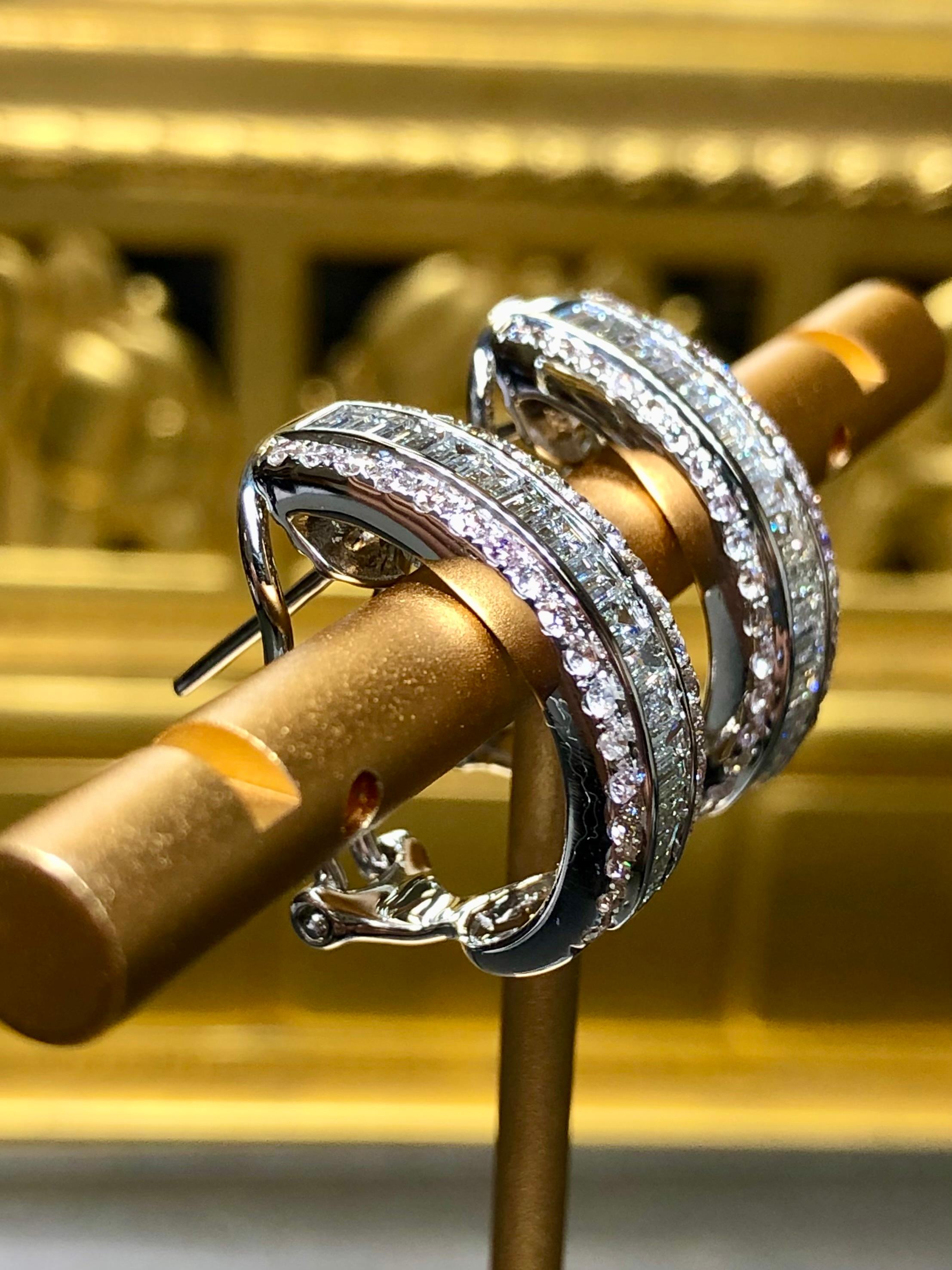 Baguette Cut Estate 18K White Gold Baguette Round Diamond Hoop Omega Back Huggie Earrings For Sale