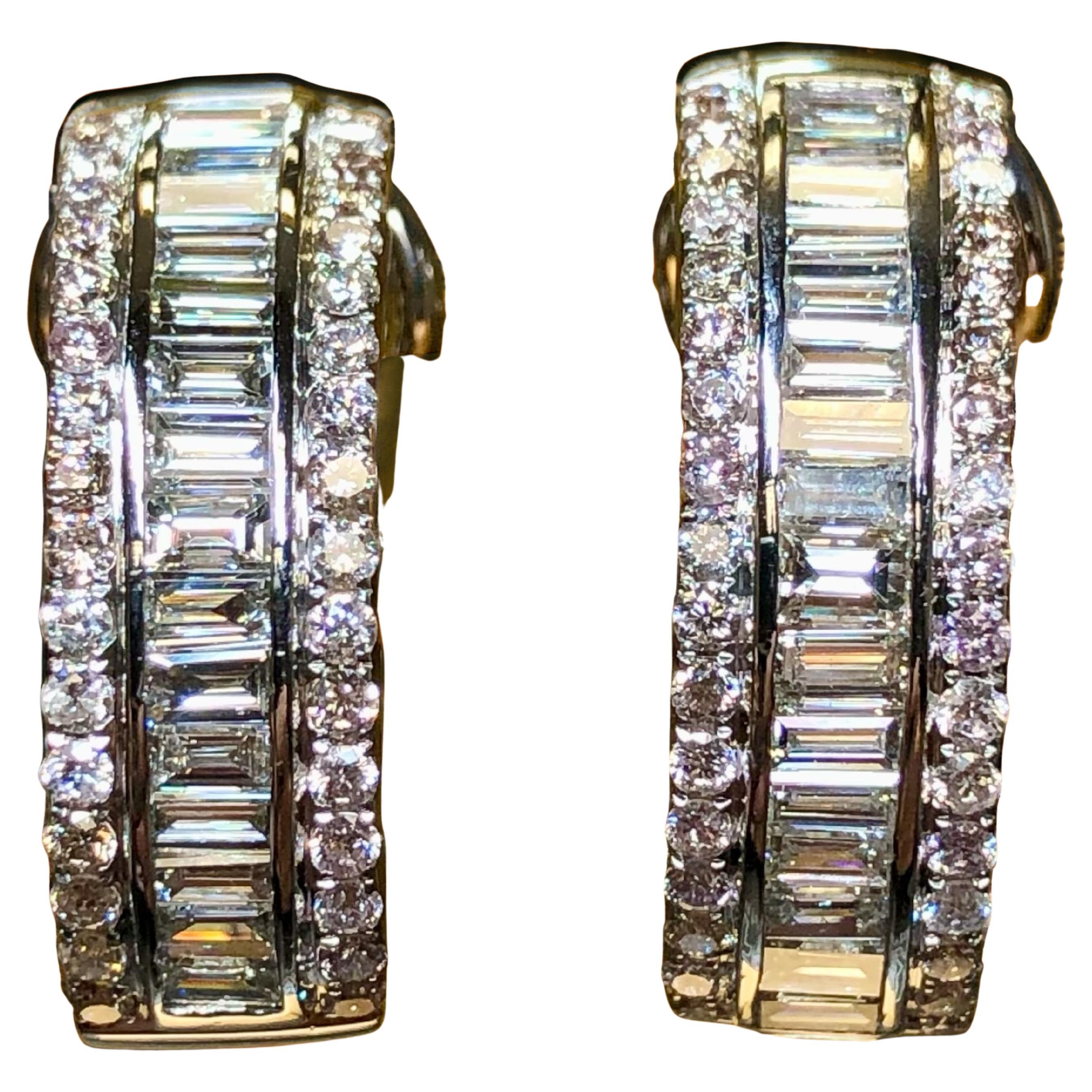 Estate 18K White Gold Baguette Round Diamond Hoop Omega Back Huggie Earrings