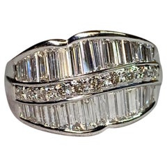 Estate 18K White Gold Baguette Round Diamond Scalloped Wide Band Cocktail Ring