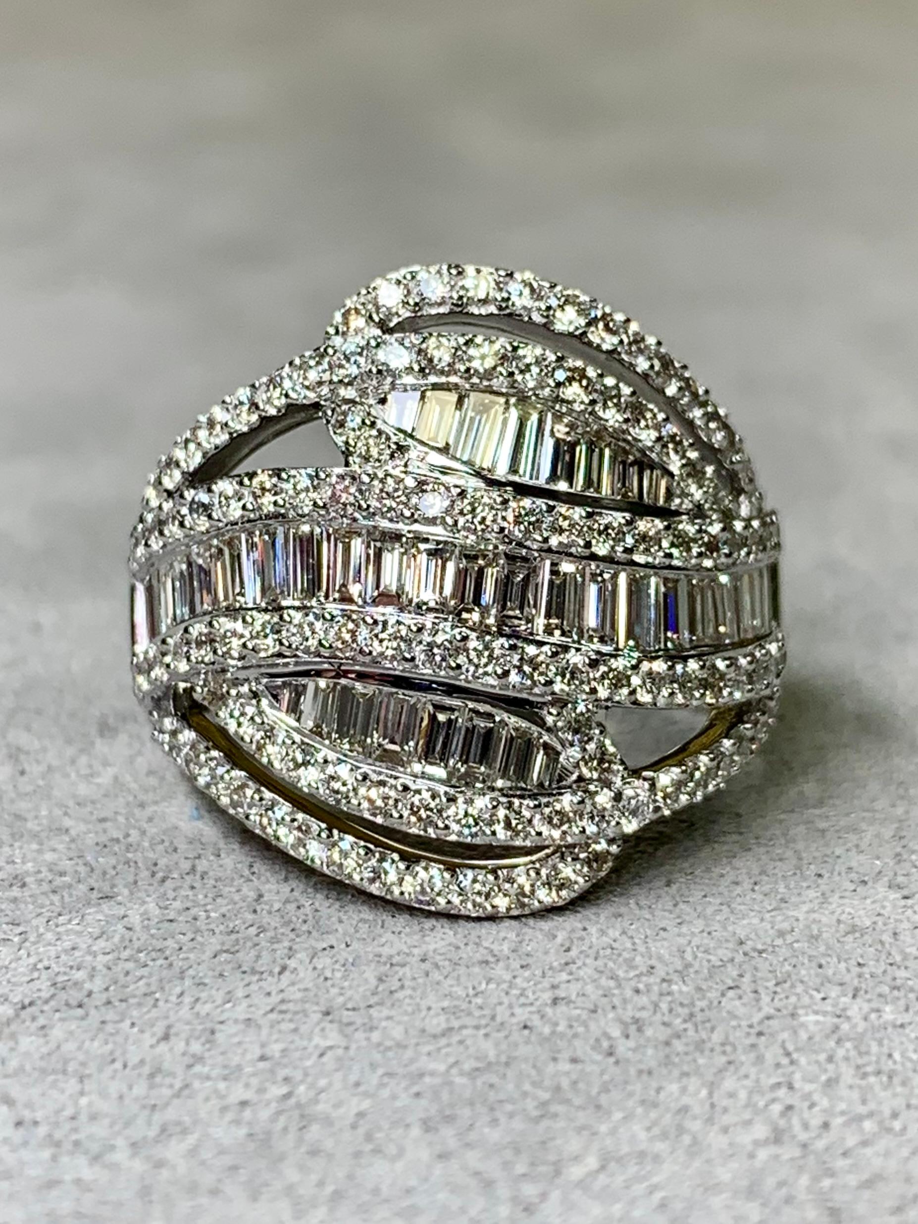 
A bright and lively contemporary cocktail ring done in 18K white gold and both channel and bead set with baguette and round cut diamonds weighing approximately 2.72ctw averaging G-I color and and Vs1-2 clarity.


Dimensions/Weight:

This ring