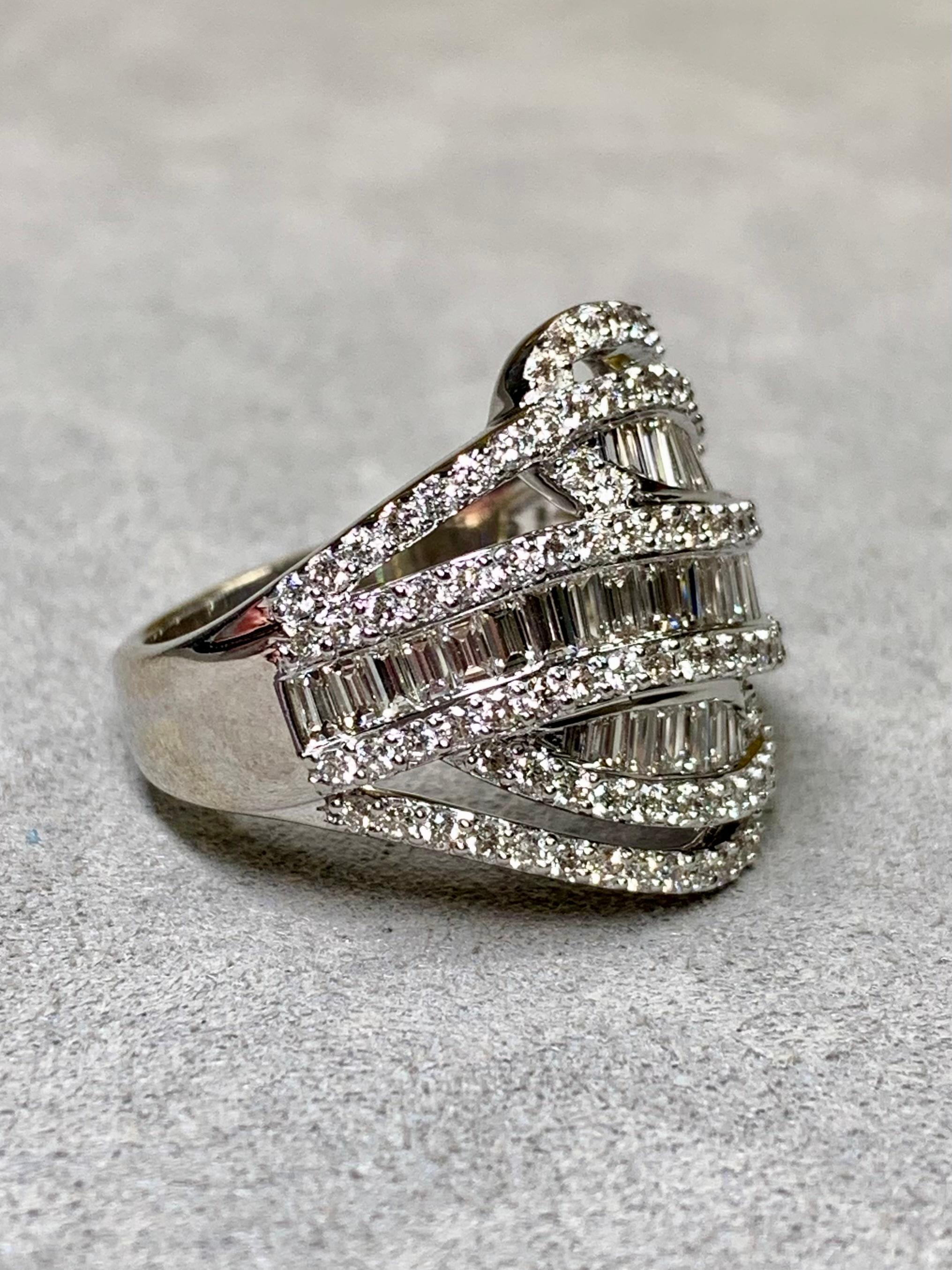 Contemporary Estate 18K White Gold Baguette Round Diamond Wide Openwork Cocktail Ring Sz 6.5 For Sale