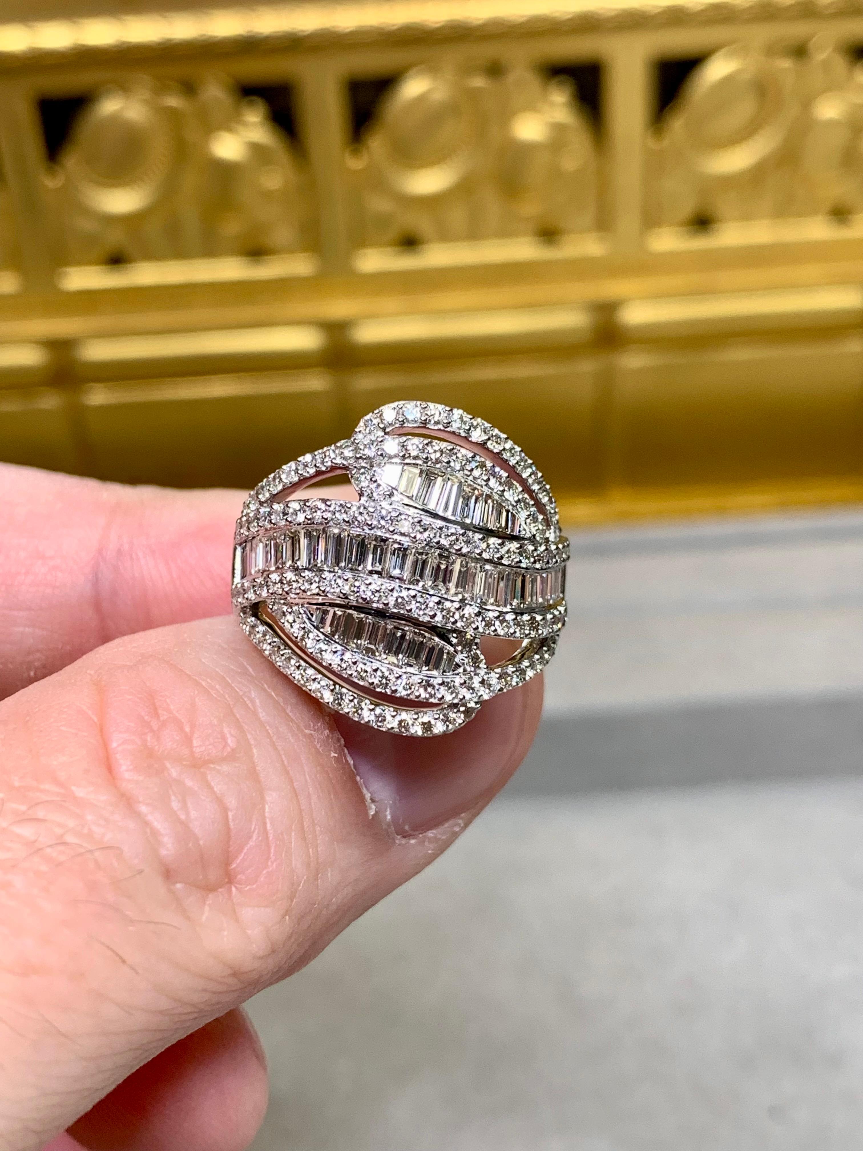 Baguette Cut Estate 18K White Gold Baguette Round Diamond Wide Openwork Cocktail Ring Sz 6.5 For Sale