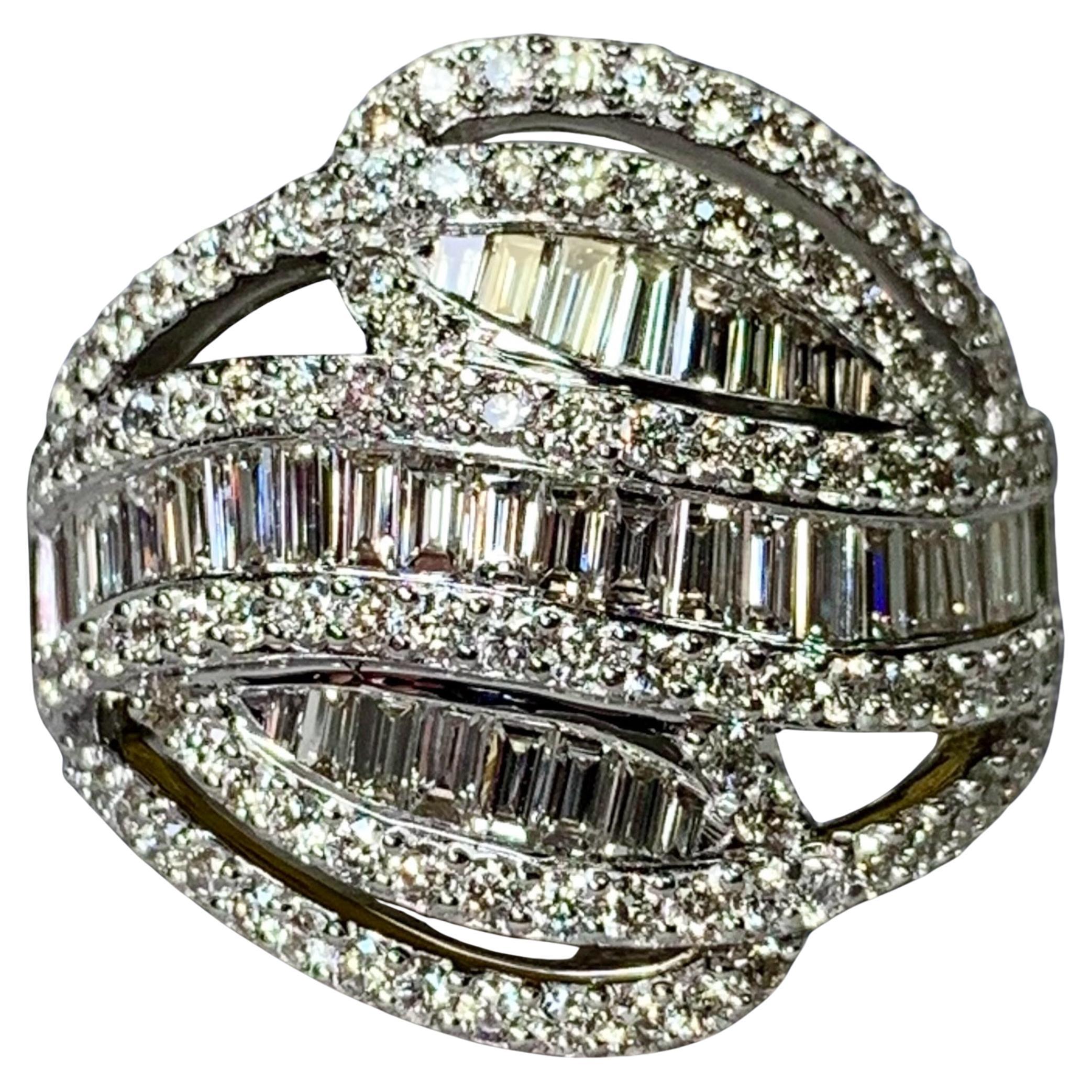 Estate 18K White Gold Baguette Round Diamond Wide Openwork Cocktail Ring Sz 6.5