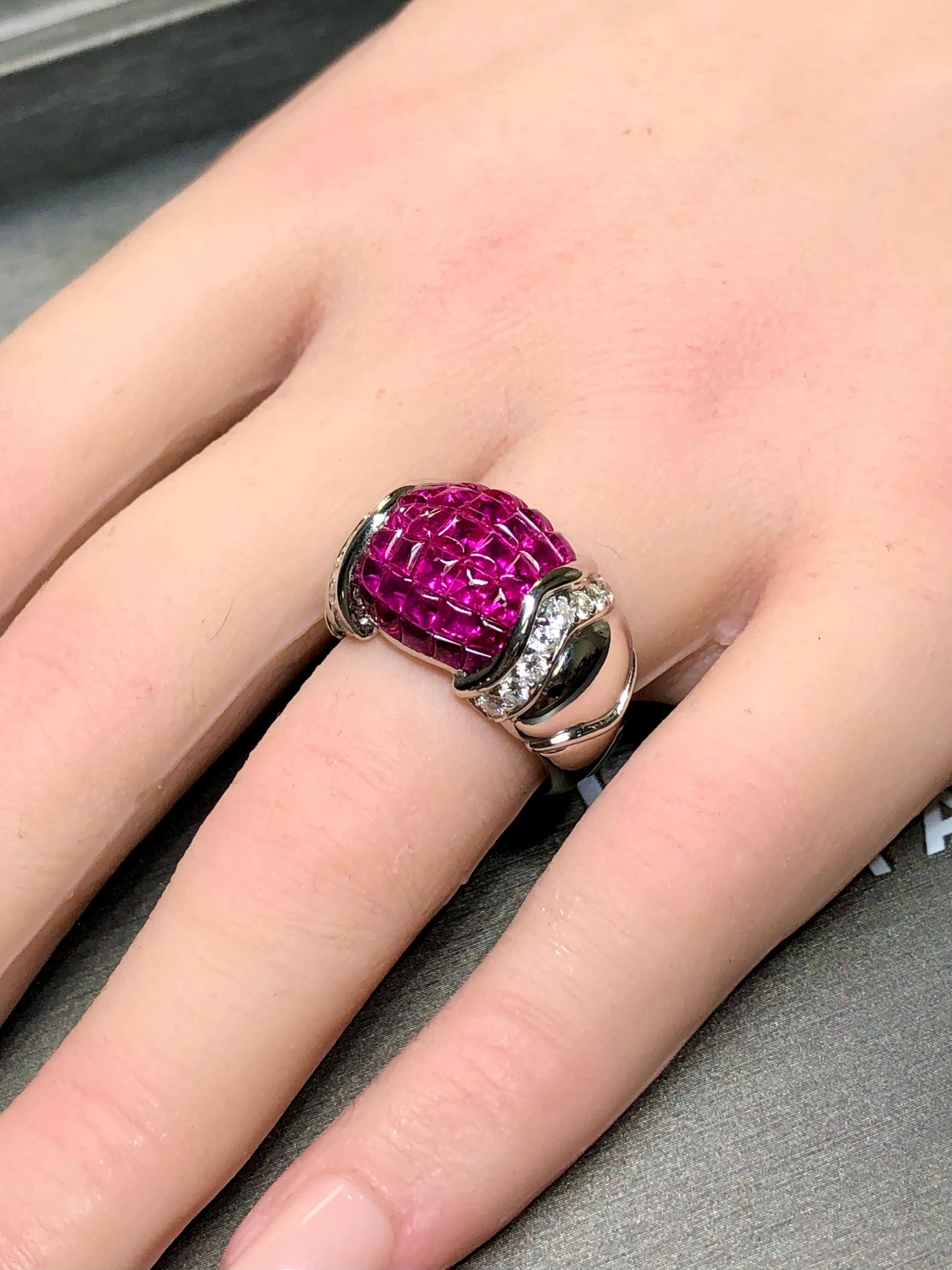 Estate 18K White Gold Buff Top Invisible Ruby Diamond Wide Band Ring 5.54cttw For Sale 4