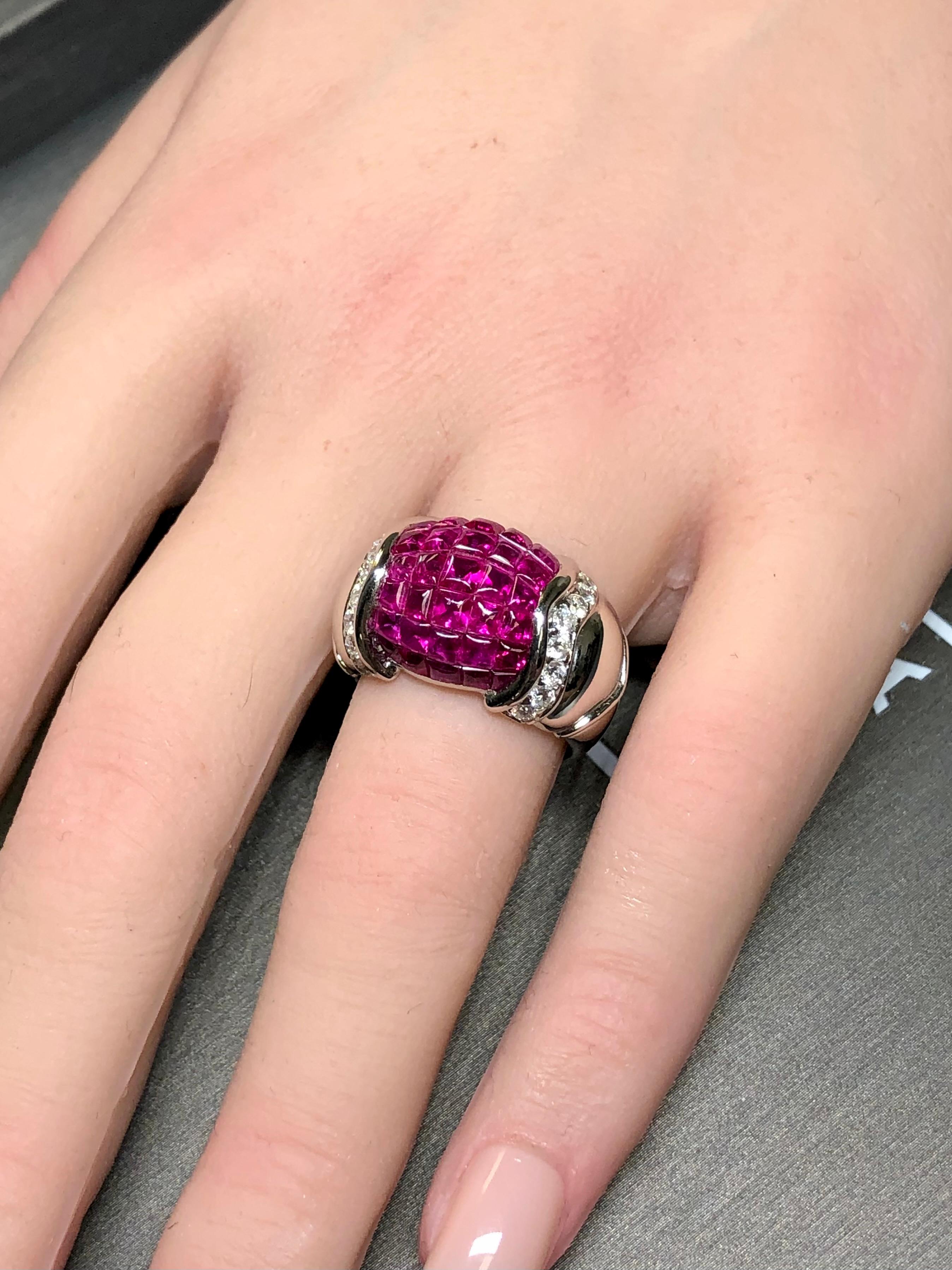 Estate 18K White Gold Buff Top Invisible Ruby Diamond Wide Band Ring 5.54cttw For Sale 5