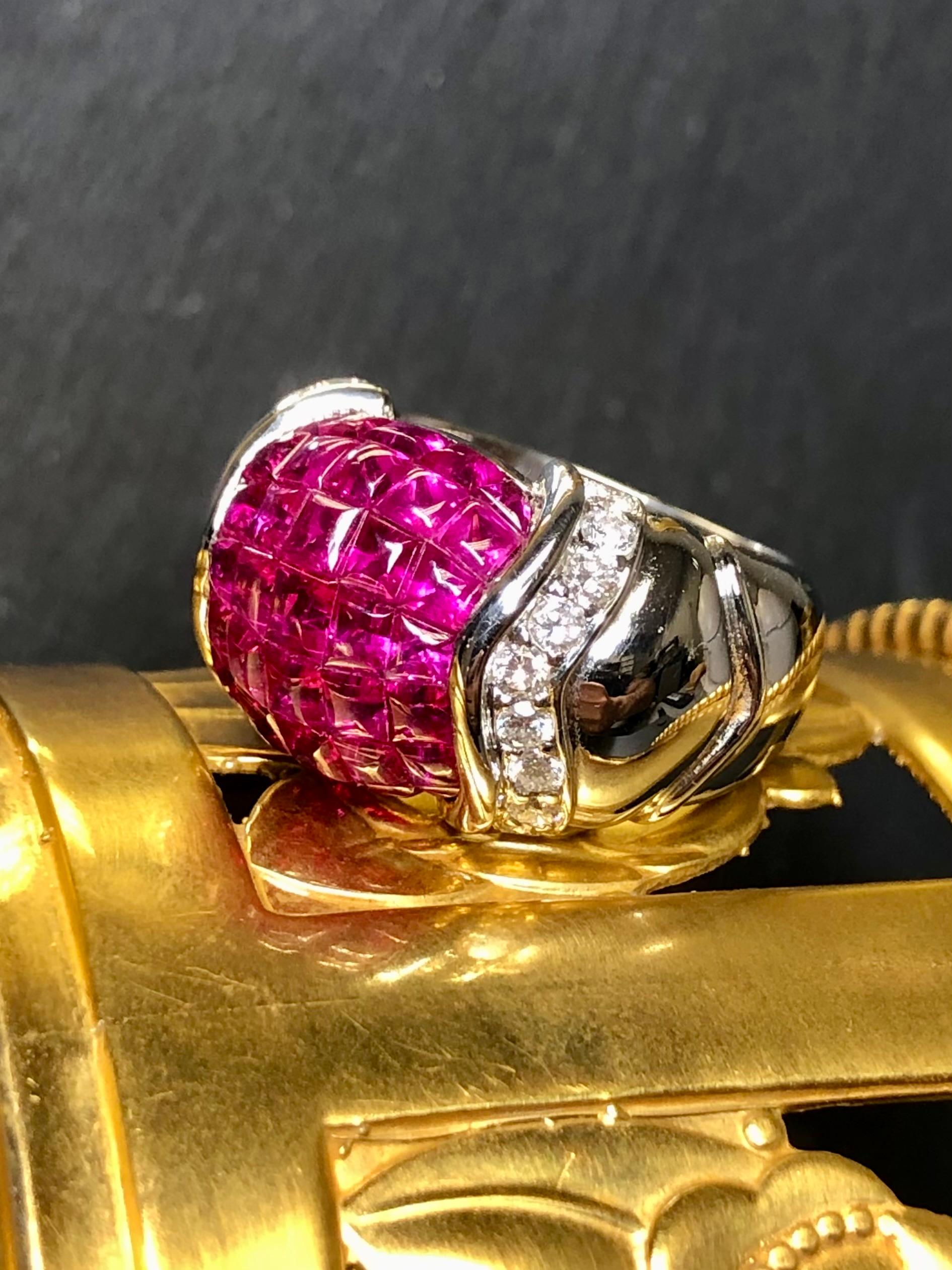 Contemporary Estate 18K White Gold Buff Top Invisible Ruby Diamond Wide Band Ring 5.54cttw For Sale
