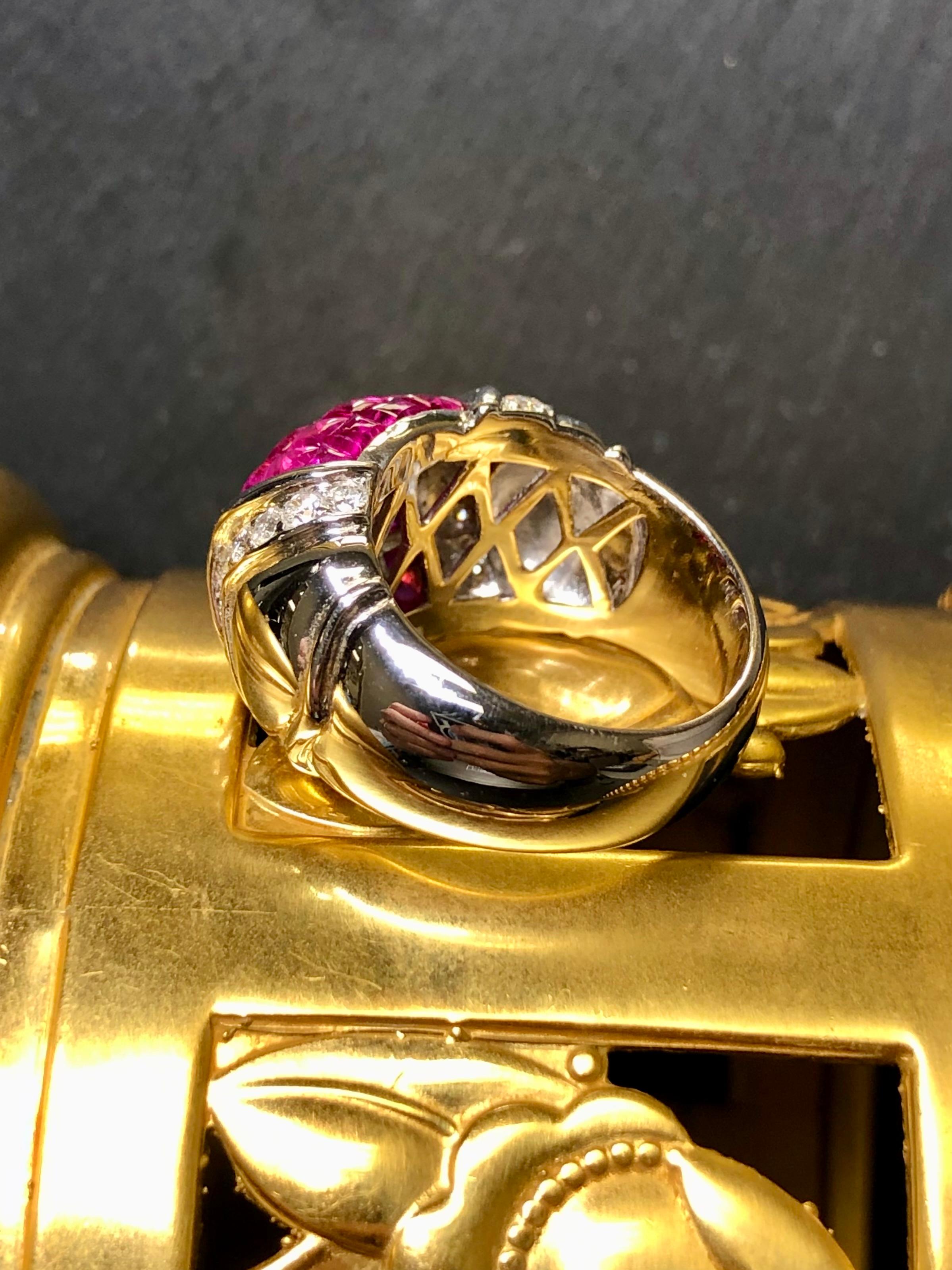 Round Cut Estate 18K White Gold Buff Top Invisible Ruby Diamond Wide Band Ring 5.54cttw For Sale