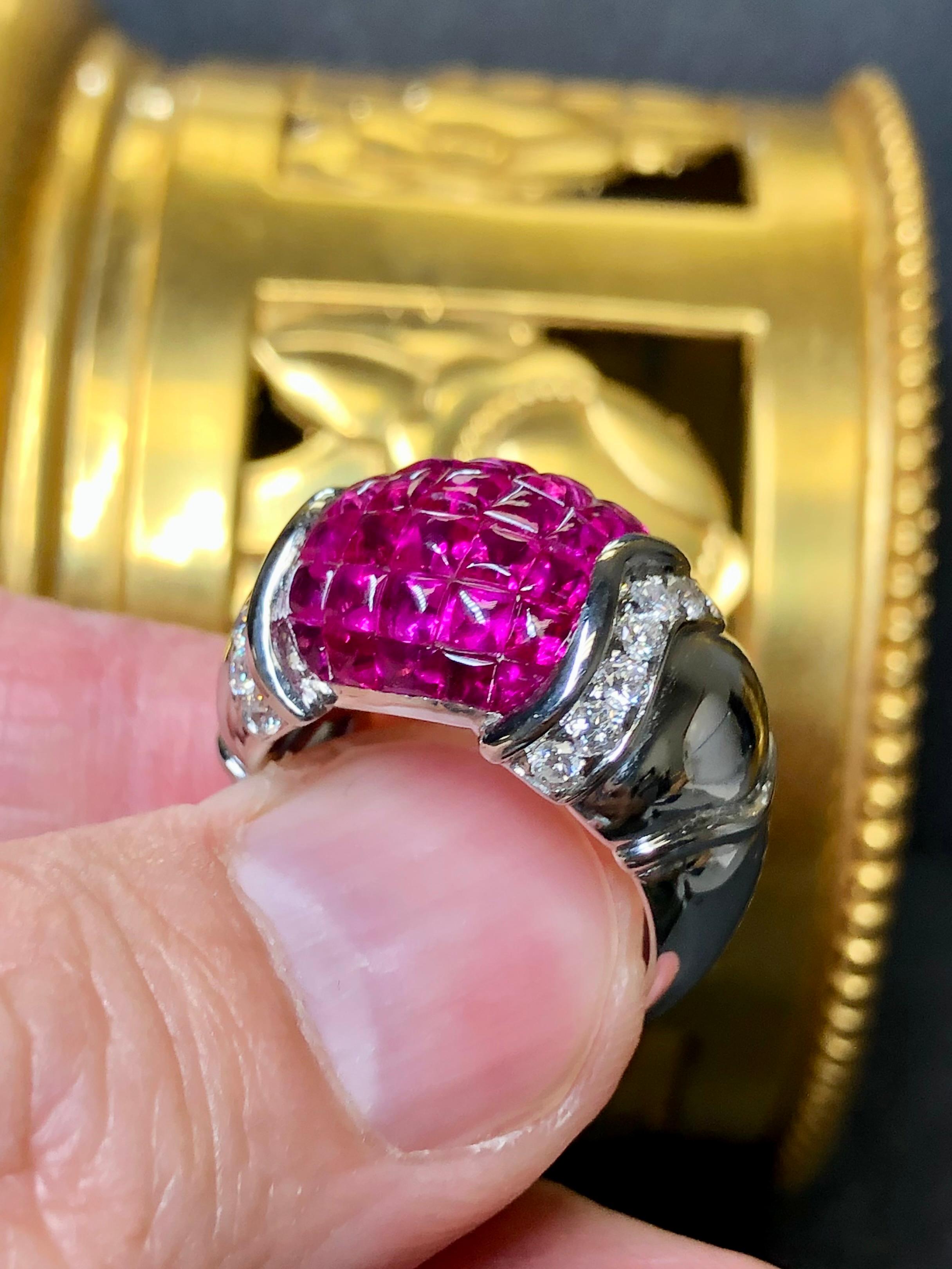 Estate 18K White Gold Buff Top Invisible Ruby Diamond Wide Band Ring 5.54cttw In Excellent Condition For Sale In Winter Springs, FL