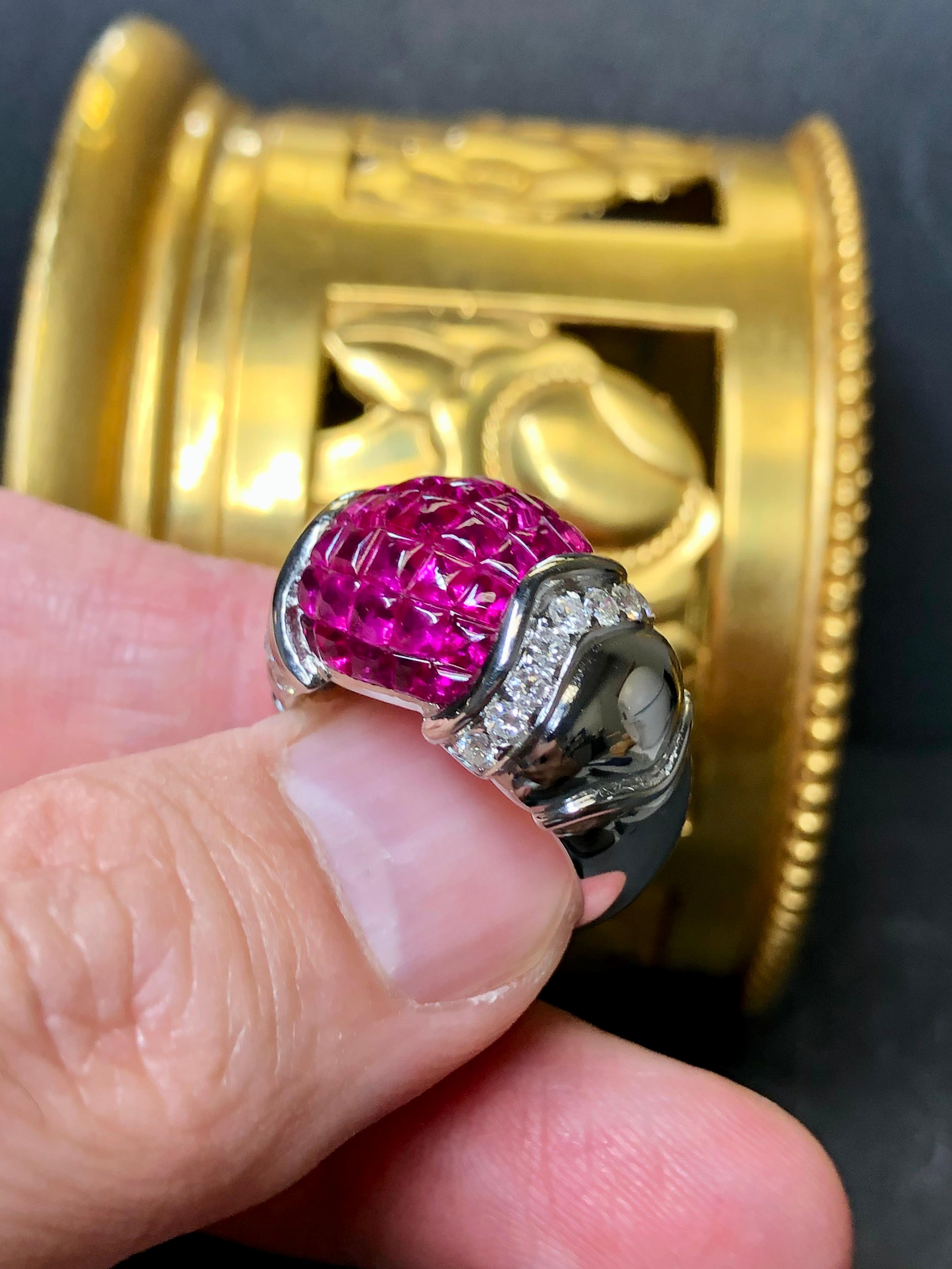 Women's or Men's Estate 18K White Gold Buff Top Invisible Ruby Diamond Wide Band Ring 5.54cttw For Sale