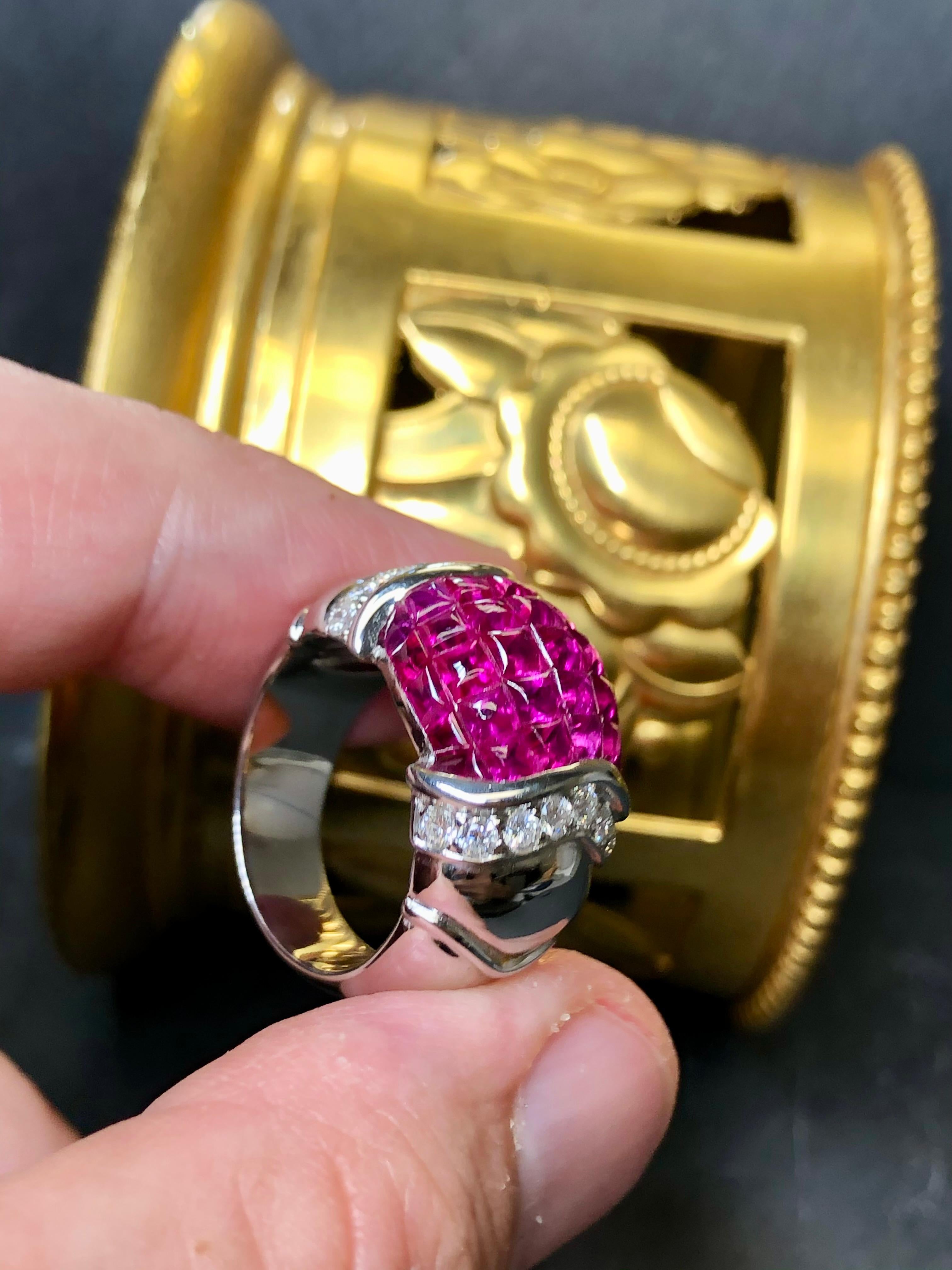 Estate 18K White Gold Buff Top Invisible Ruby Diamond Wide Band Ring 5.54cttw For Sale 1