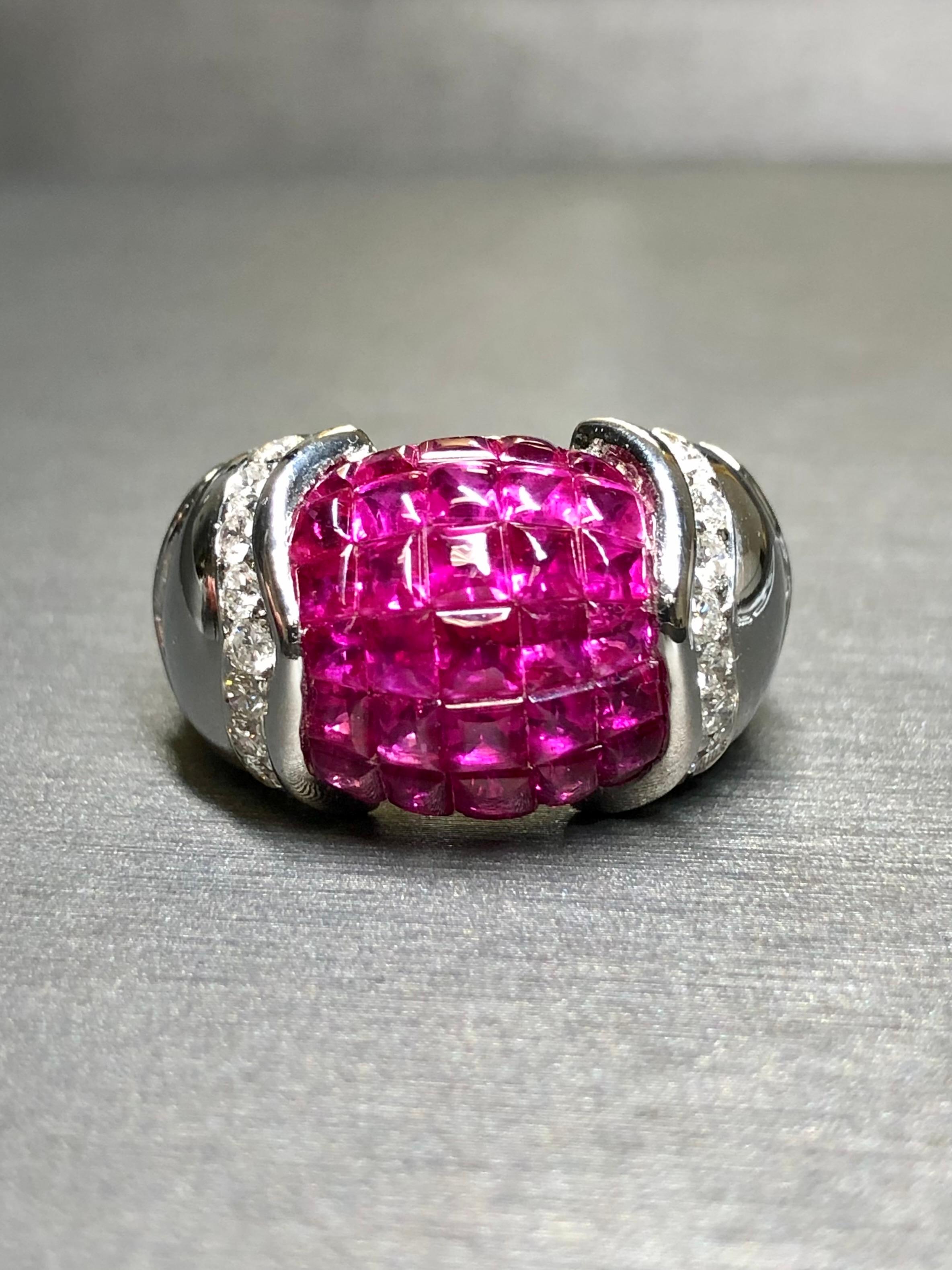 Estate 18K White Gold Buff Top Invisible Ruby Diamond Wide Band Ring 5.54cttw For Sale 2
