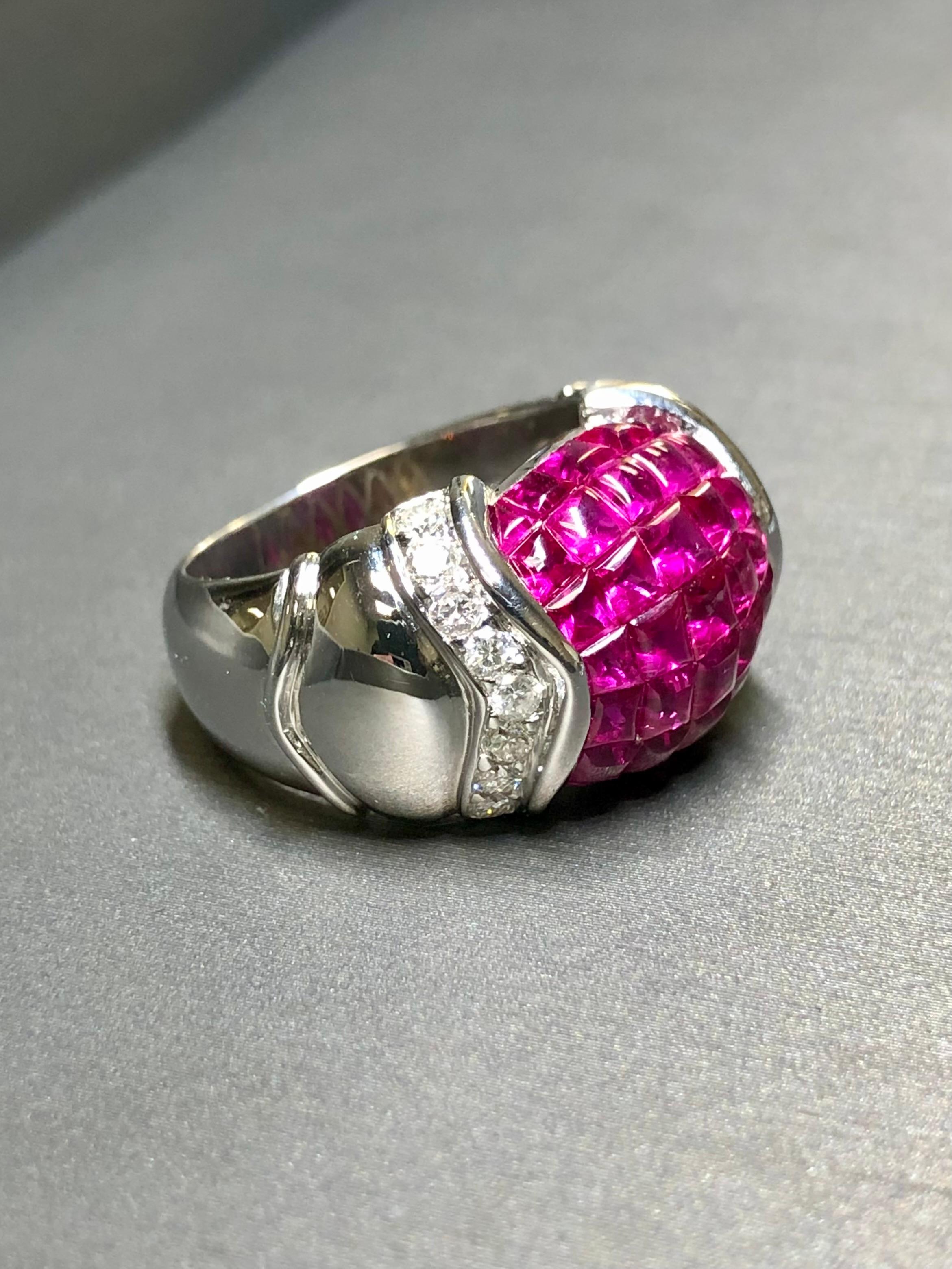Estate 18K White Gold Buff Top Invisible Ruby Diamond Wide Band Ring 5.54cttw For Sale 3
