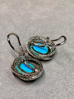 Estate 18K White Gold Cabochon Turquoise Diamond Spiral Oval Huggie Earrings