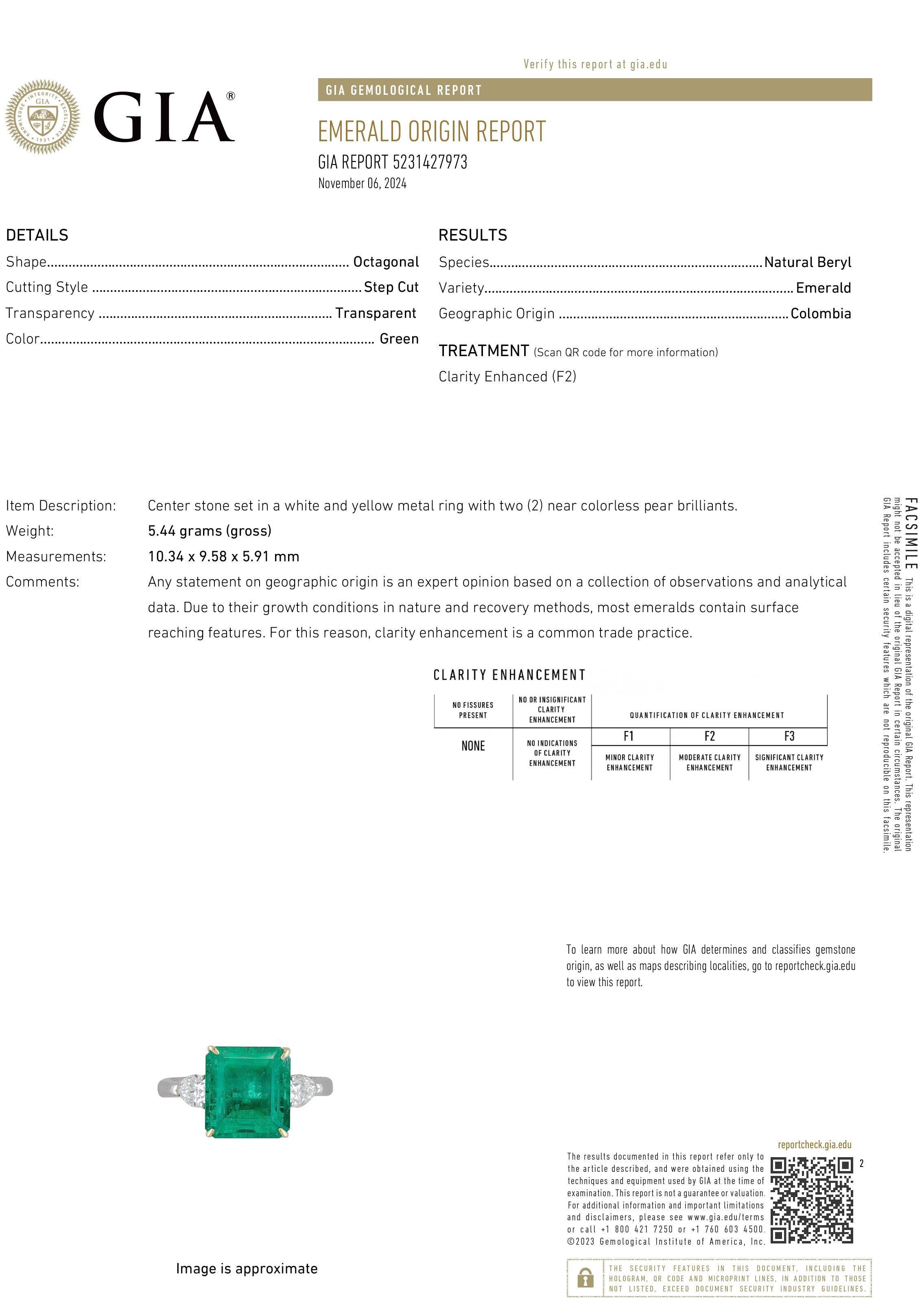 Estate 18K White Gold Colombian Emerald and Pear Diamond Engagement Ring - GIA For Sale 6