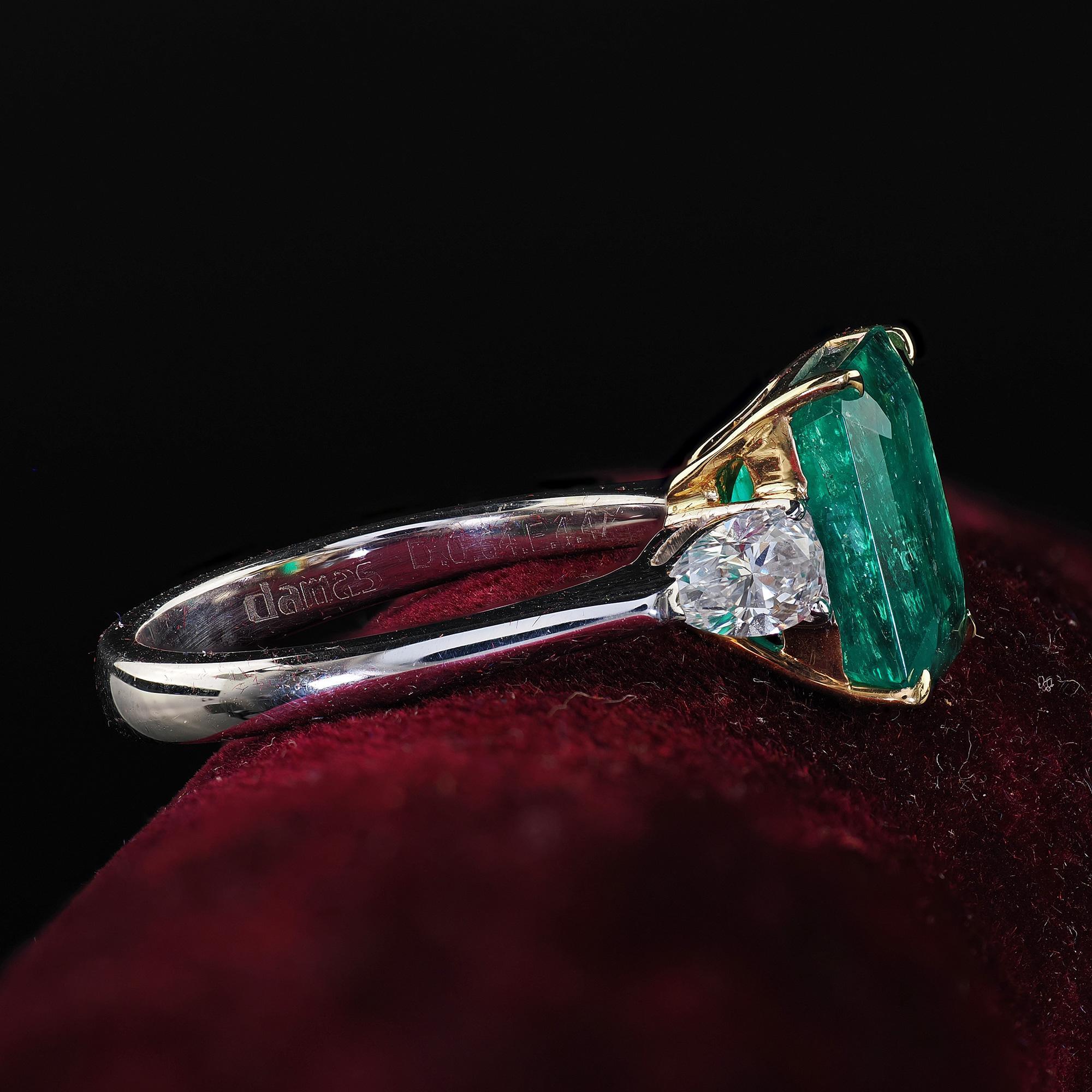 Octagon Cut Estate 18K White Gold Colombian Emerald and Pear Diamond Engagement Ring - GIA For Sale