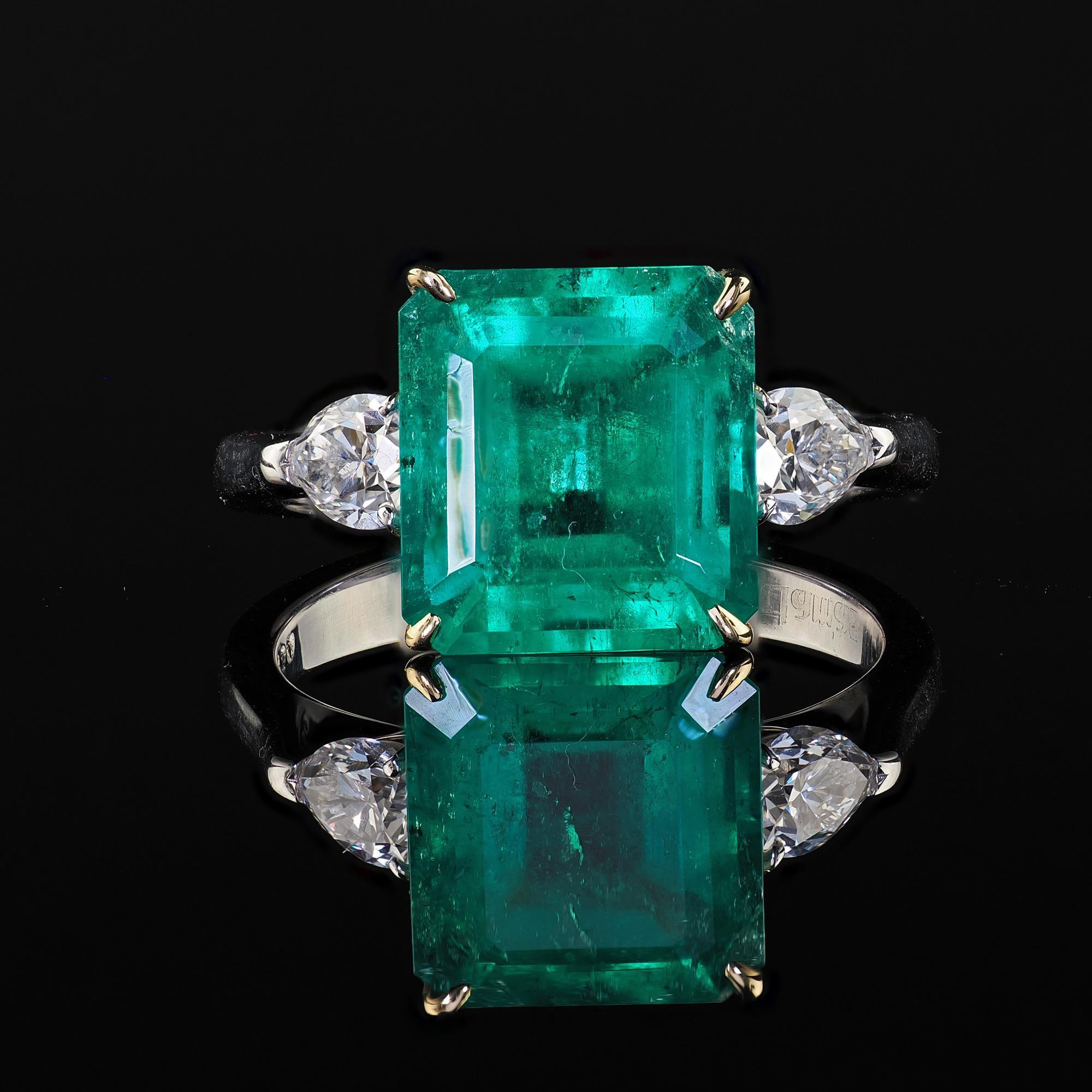 Estate 18K White Gold Colombian Emerald and Pear Diamond Engagement Ring - GIA For Sale 1