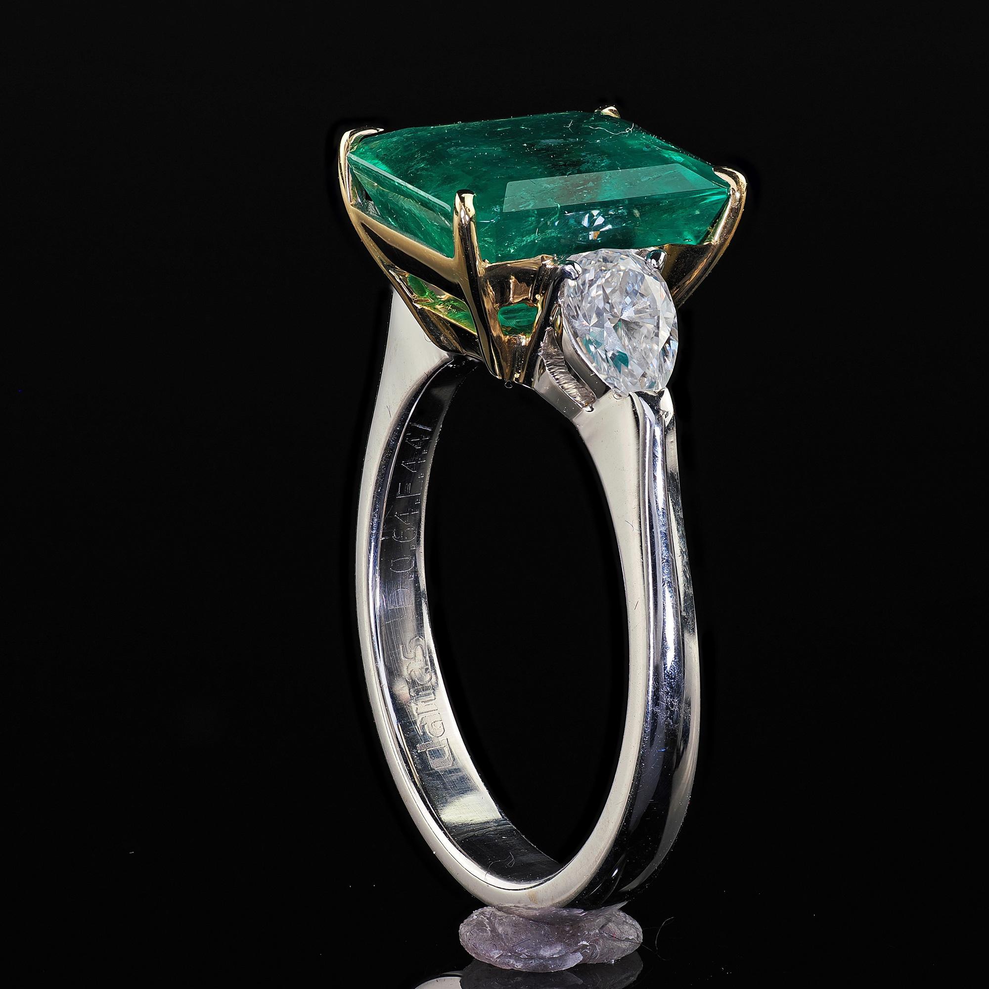 Estate 18K White Gold Colombian Emerald and Pear Diamond Engagement Ring - GIA For Sale 3