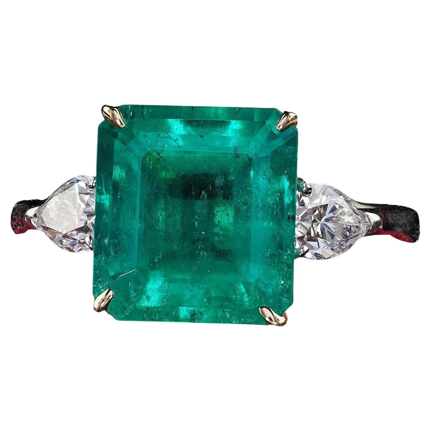 Estate 18K White Gold Colombian Emerald and Pear Diamond Engagement Ring - GIA