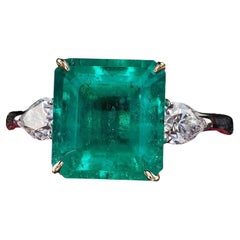 Estate 18K White Gold Colombian Emerald and Pear Diamond Engagement Ring - GIA