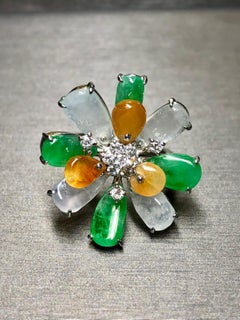 Estate 18K White Gold Crystal Green Amber Jade Diamond Star Cocktail Ring Sz 6.5
