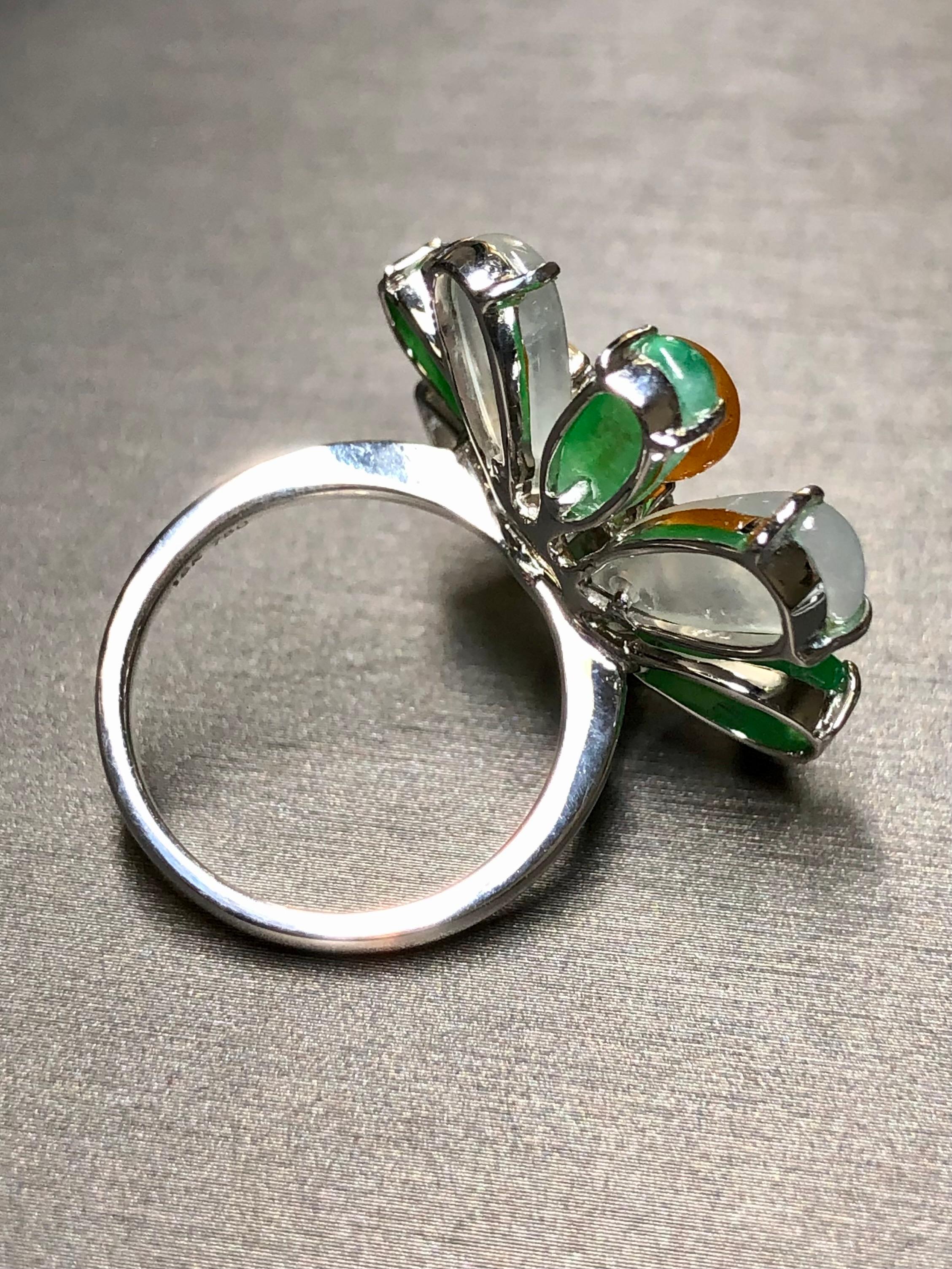 Estate 18K White Gold Crystal Green Amber Jade Diamond Star Cocktail Ring Sz 6.5 In Good Condition For Sale In Winter Springs, FL