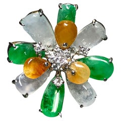 Bague cocktail étoile de succession en or blanc 18 carats, cristal, jade ambré vert et diamant, taille 6,5