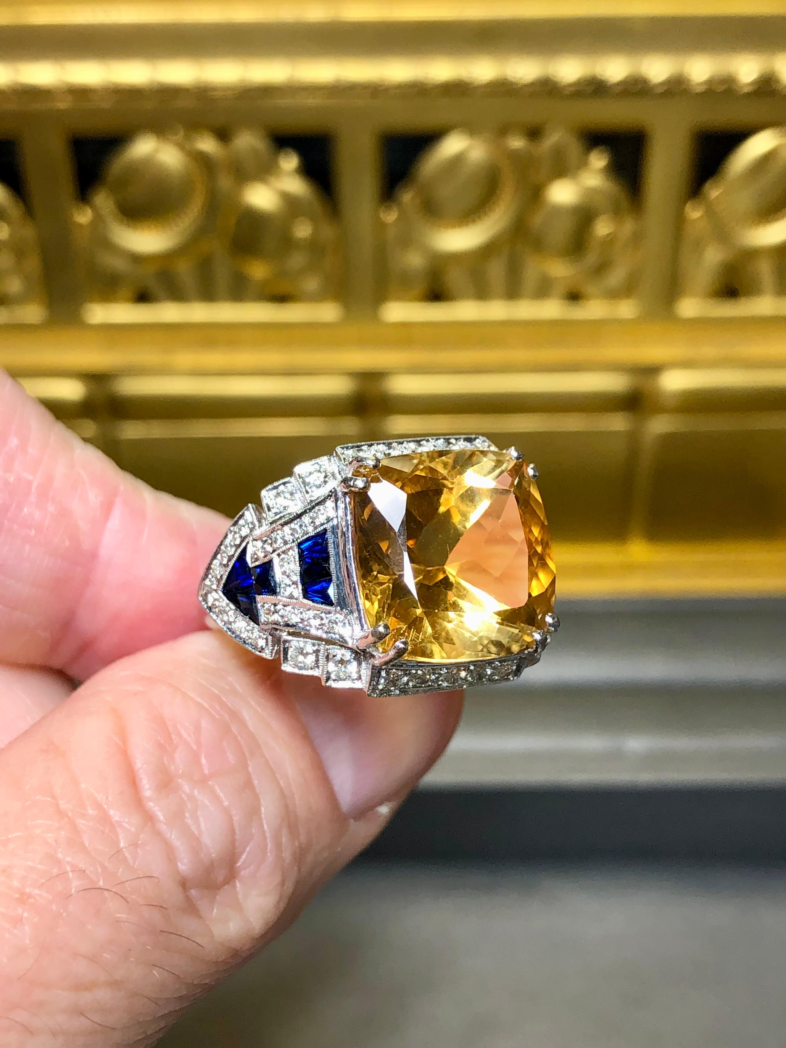 Cushion Cut Estate 18K White Gold Cushion Citrine Diamond Calibrated Sapphire Cocktail Ring For Sale