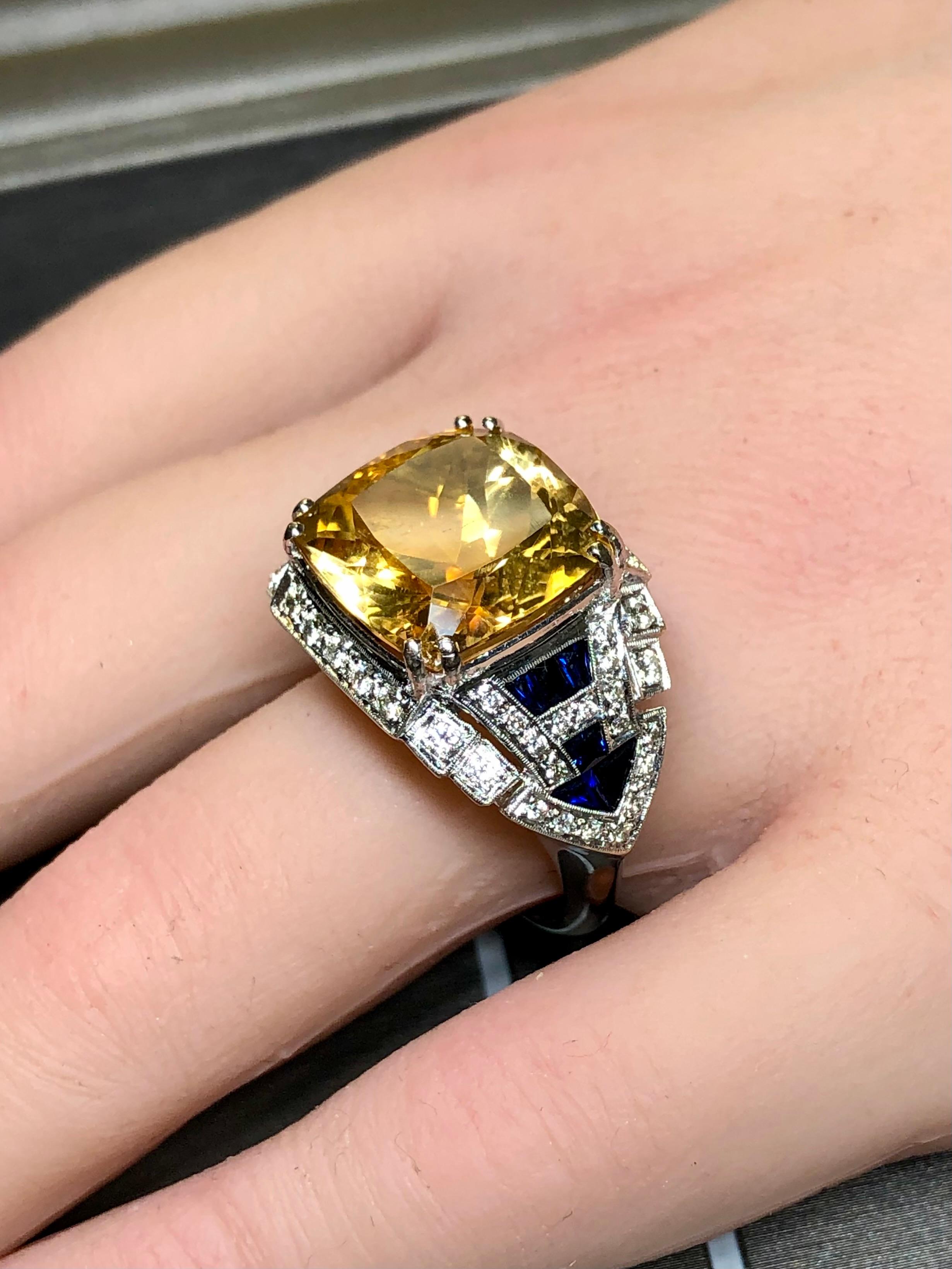 Estate 18K White Gold Cushion Citrine Diamond Calibrated Sapphire Cocktail Ring In Good Condition For Sale In Winter Springs, FL