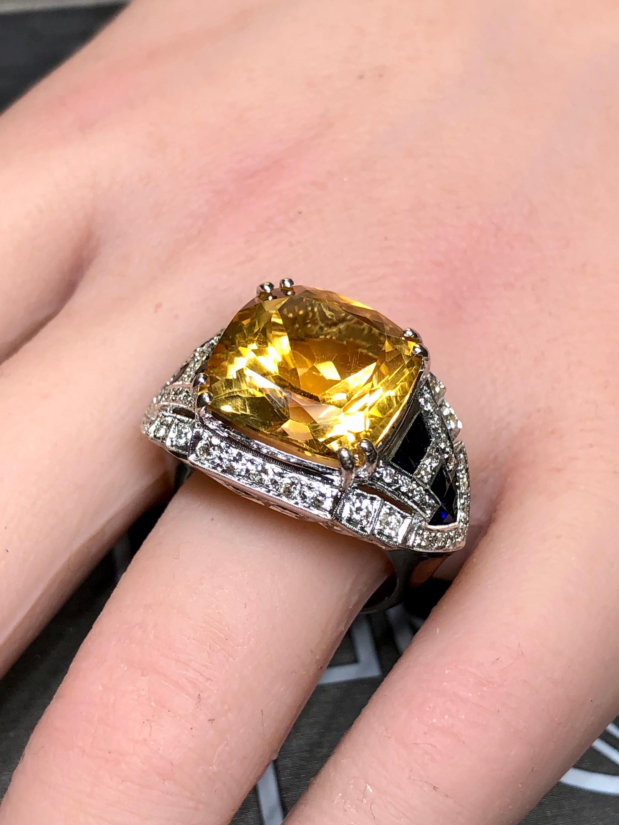 Women's or Men's Estate 18K White Gold Cushion Citrine Diamond Calibrated Sapphire Cocktail Ring For Sale