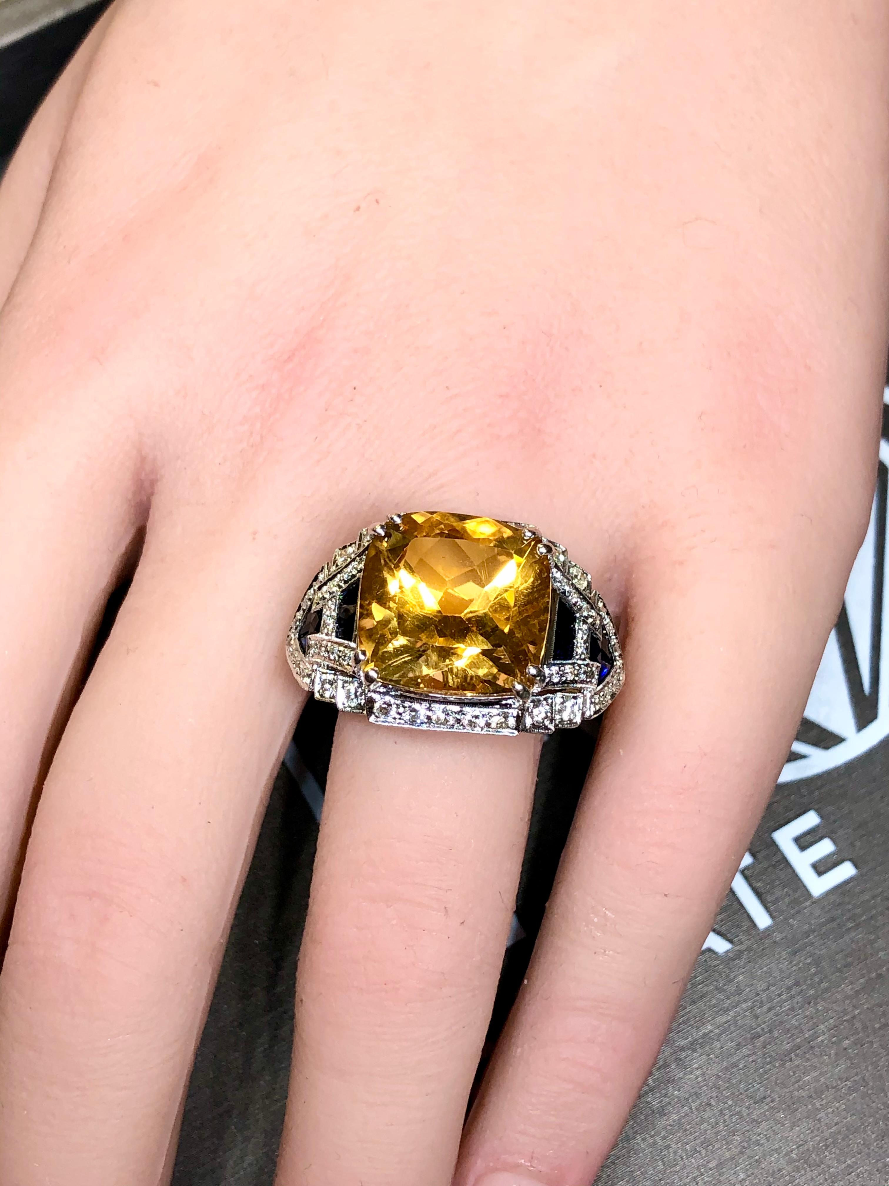 Estate 18K White Gold Cushion Citrine Diamond Calibrated Sapphire Cocktail Ring For Sale 1