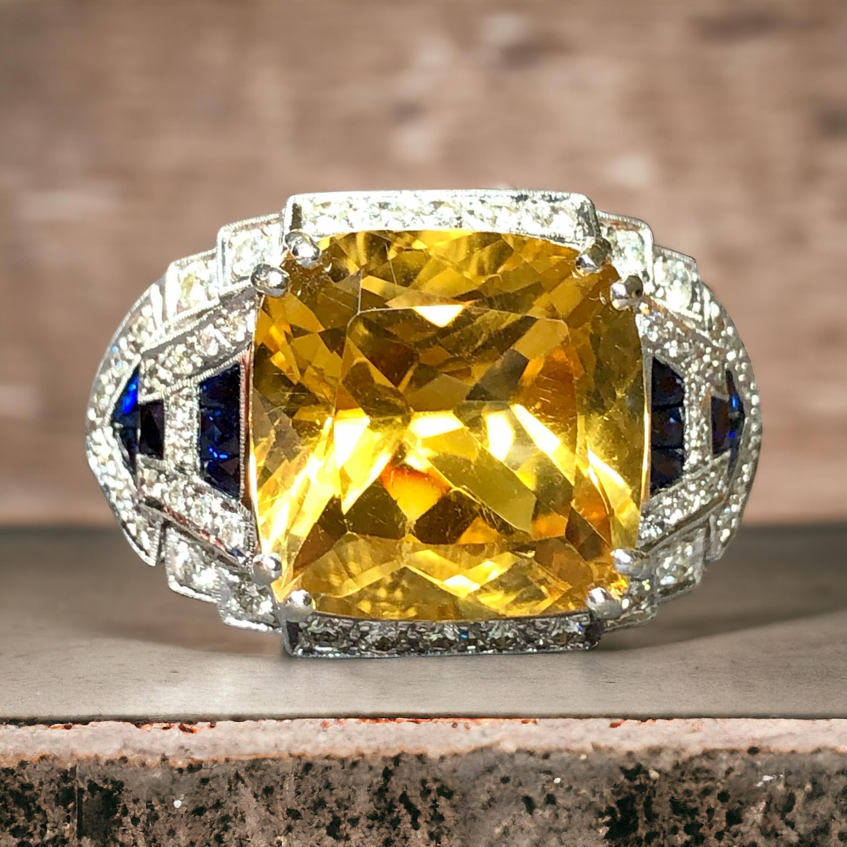 Estate 18K White Gold Cushion Citrine Diamond Calibrated Sapphire Cocktail Ring For Sale 2