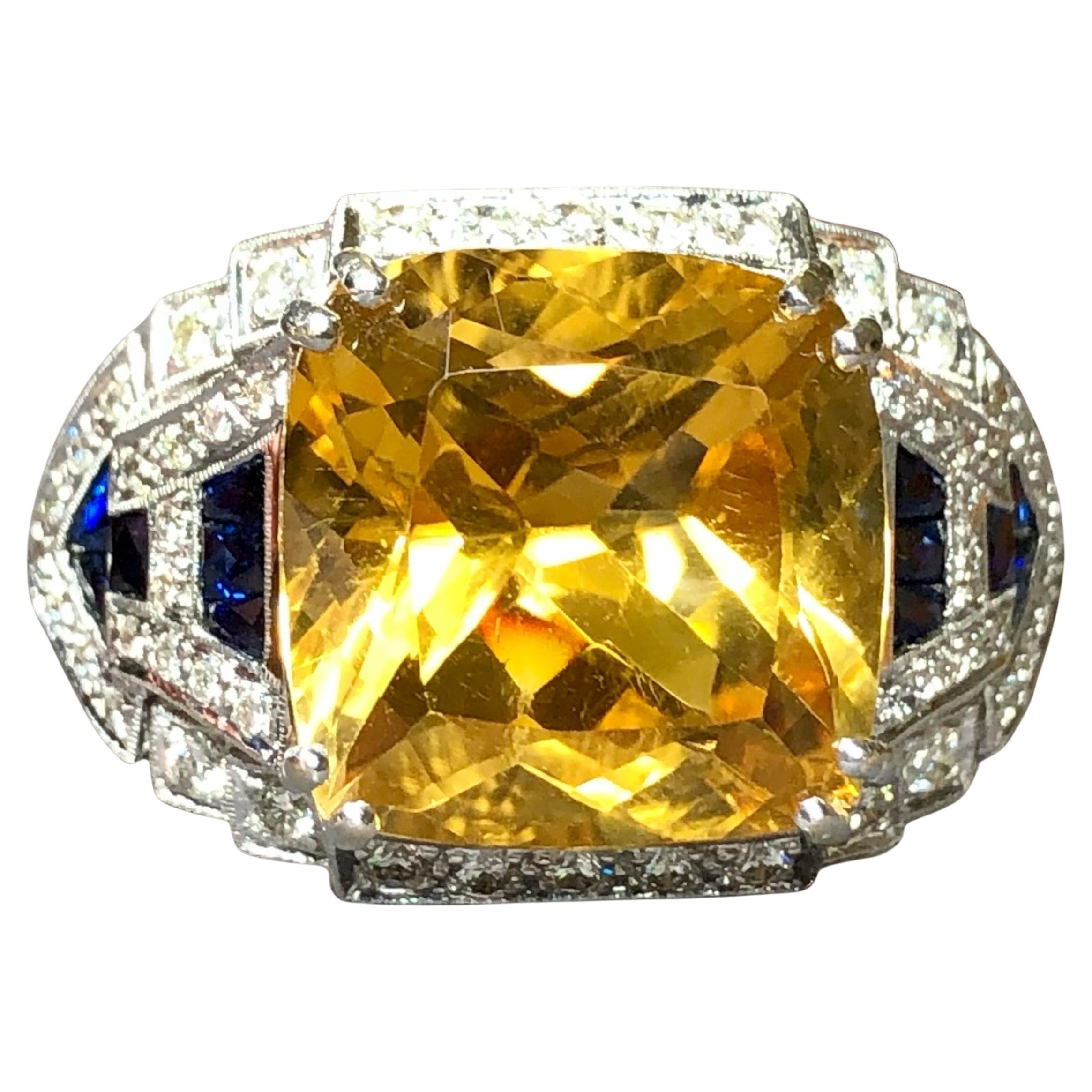 Estate 18K White Gold Cushion Citrine Diamond Calibrated Sapphire Cocktail Ring For Sale