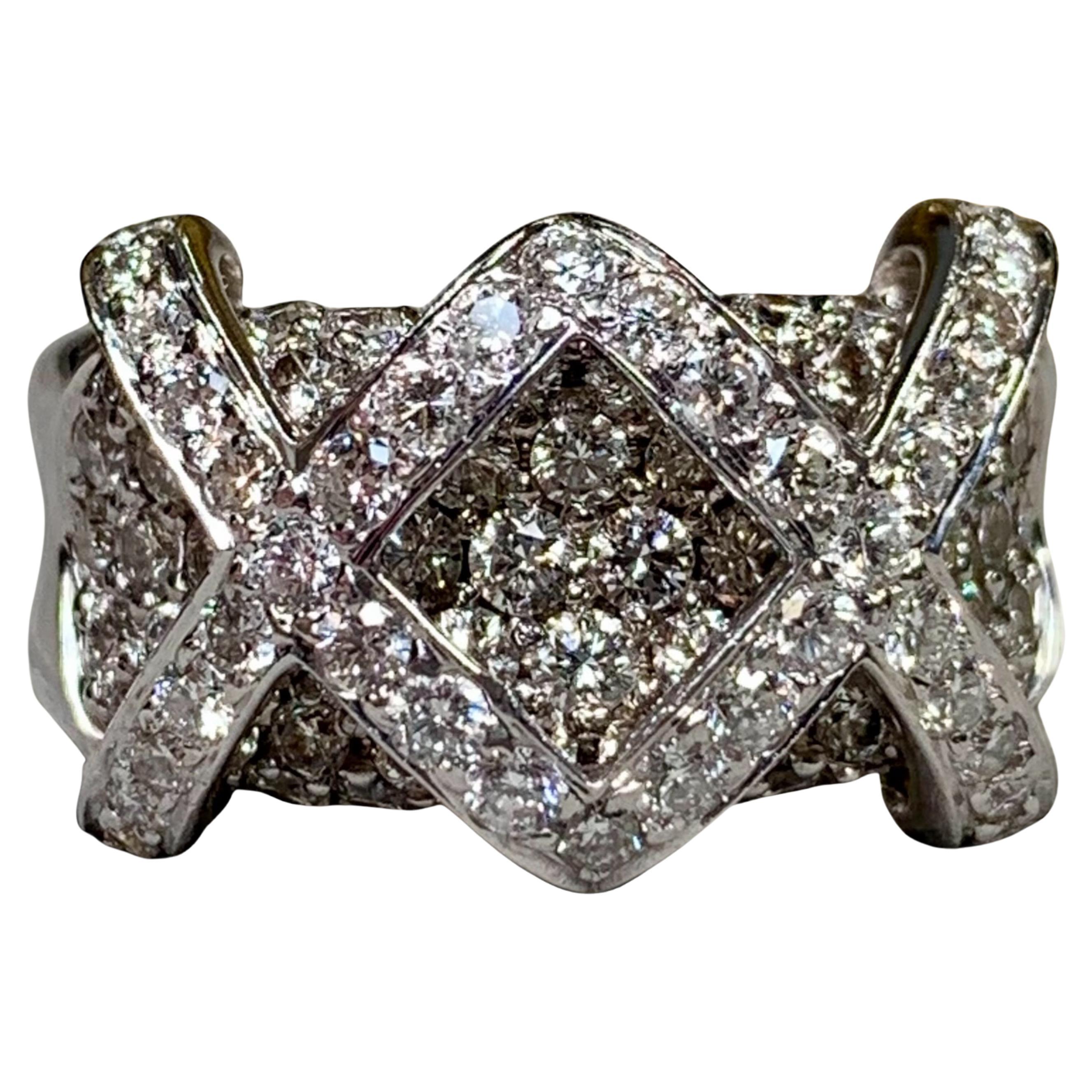 Estate 18K White Gold Diamond Crossover X Wide Contemporary Cocktail Ring 3.30ct