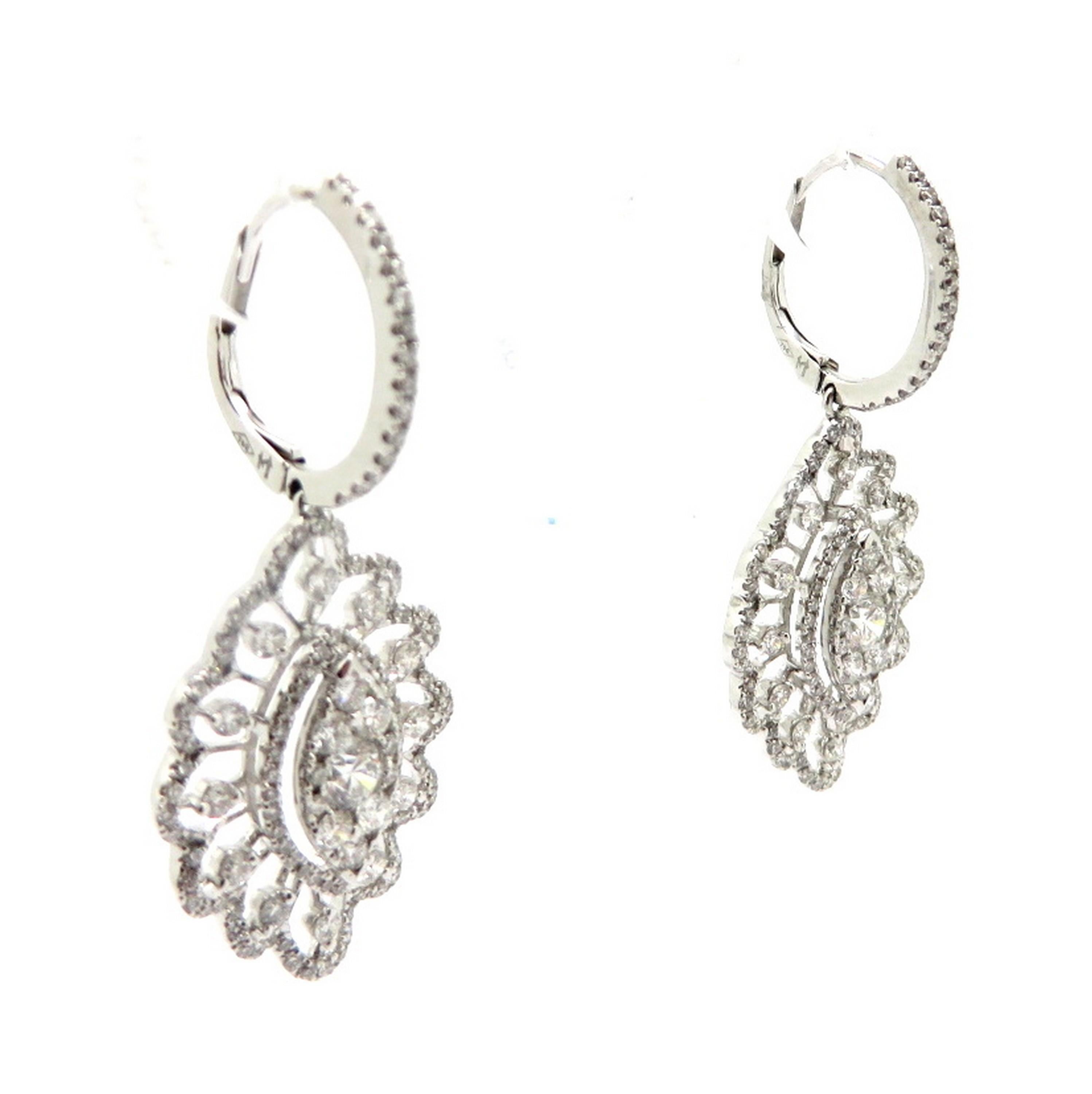 Women's Estate 18 Karat White Gold Diamond Hoop Dangle Fashion Earrings For Sale