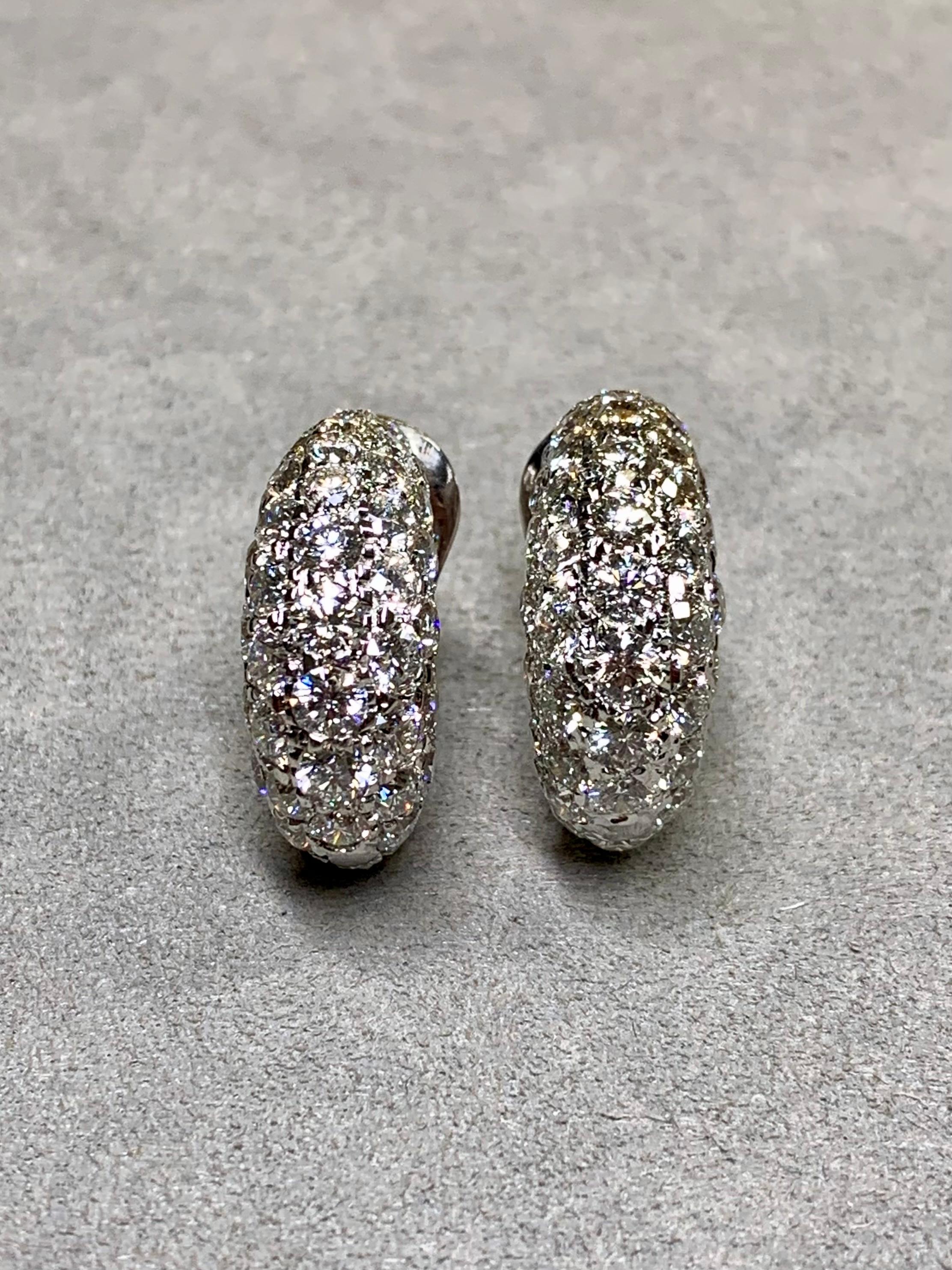 Estate 18K White Gold Diamond J Hoop Shrimp Huggie Omega Back Earrings 9.50ctw For Sale 5