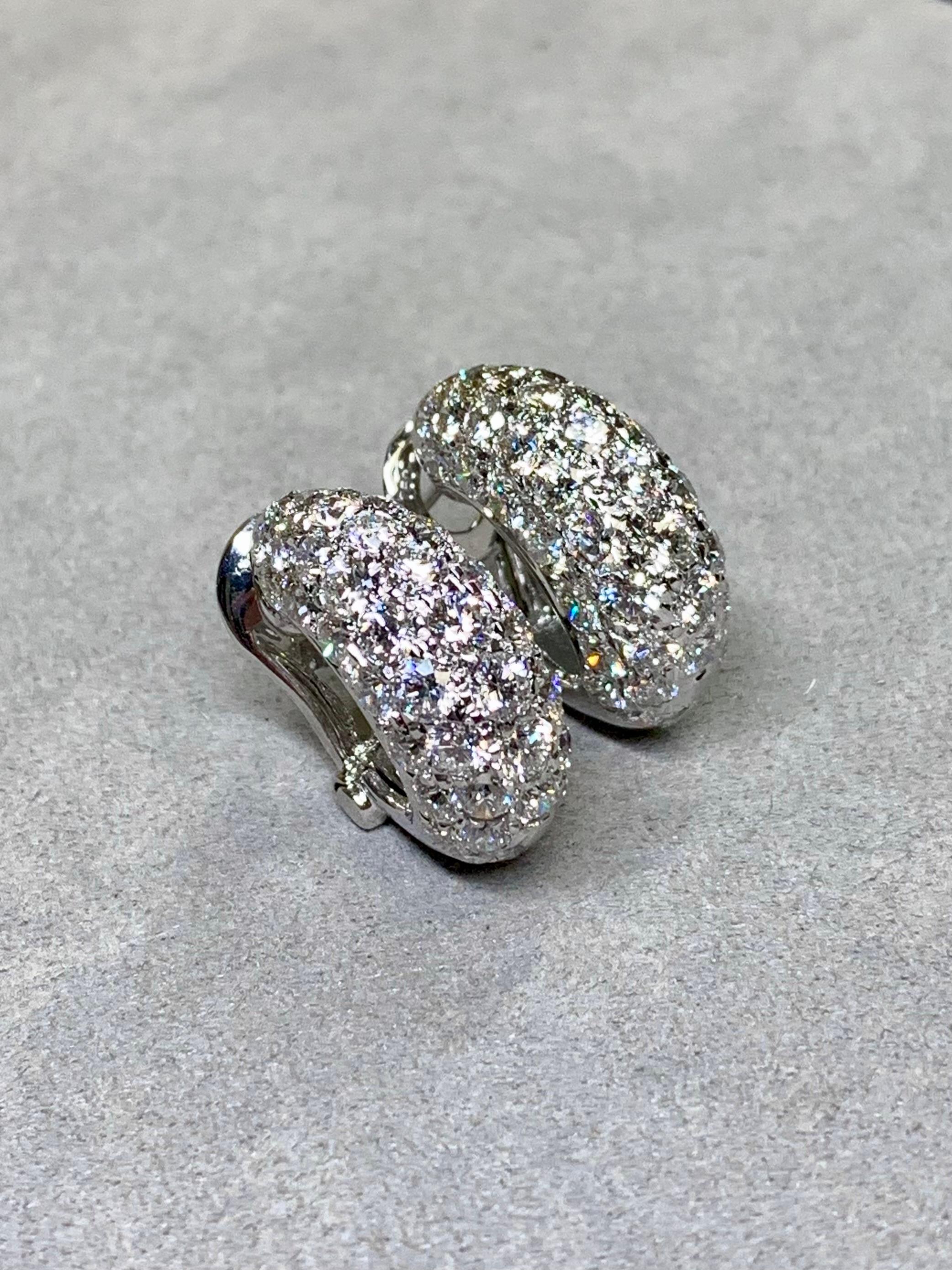 Estate 18K White Gold Diamond J Hoop Shrimp Huggie Omega Back Earrings 9.50ctw For Sale 6
