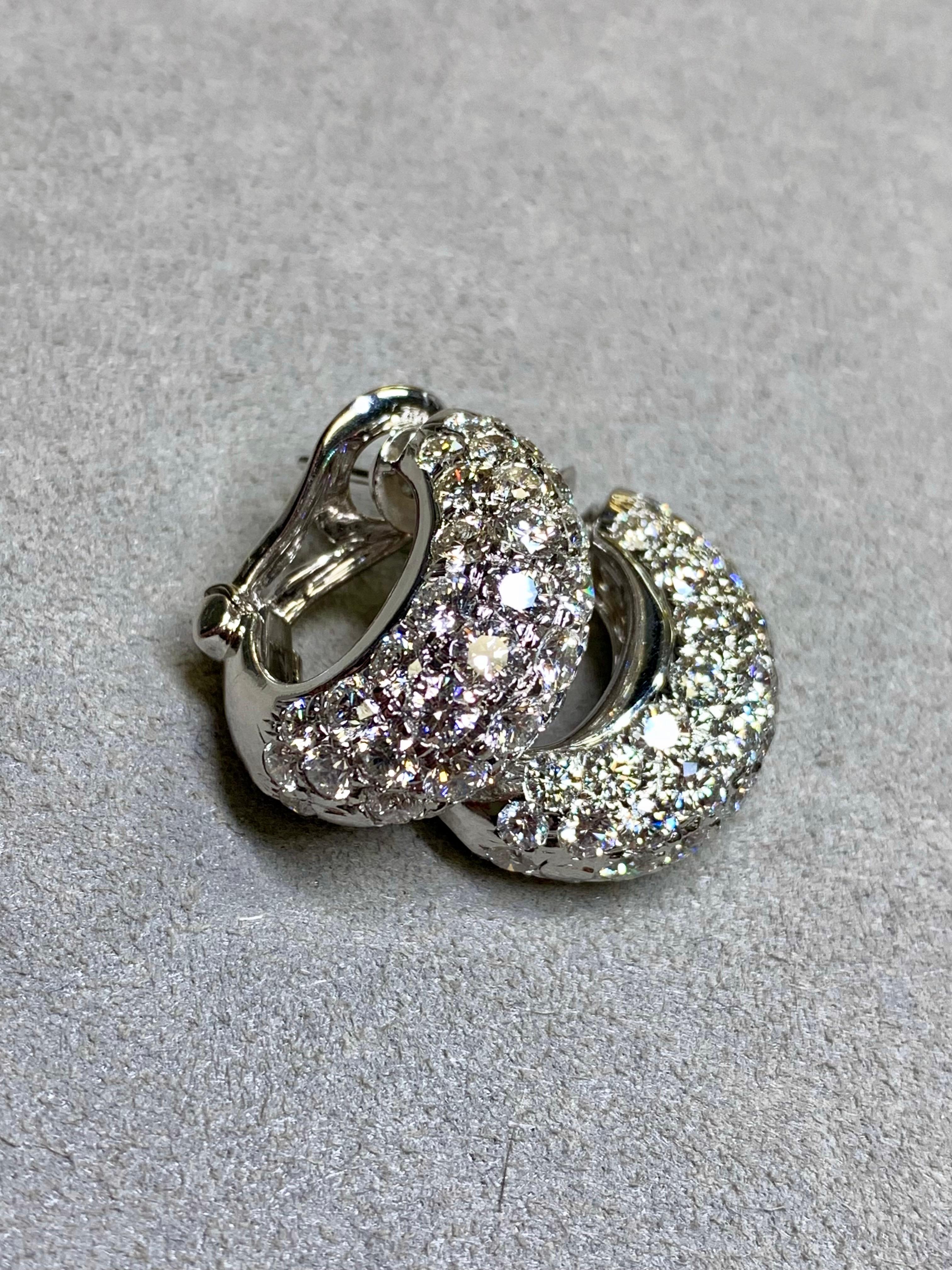 Estate 18K White Gold Diamond J Hoop Shrimp Huggie Omega Back Earrings 9.50ctw For Sale 7