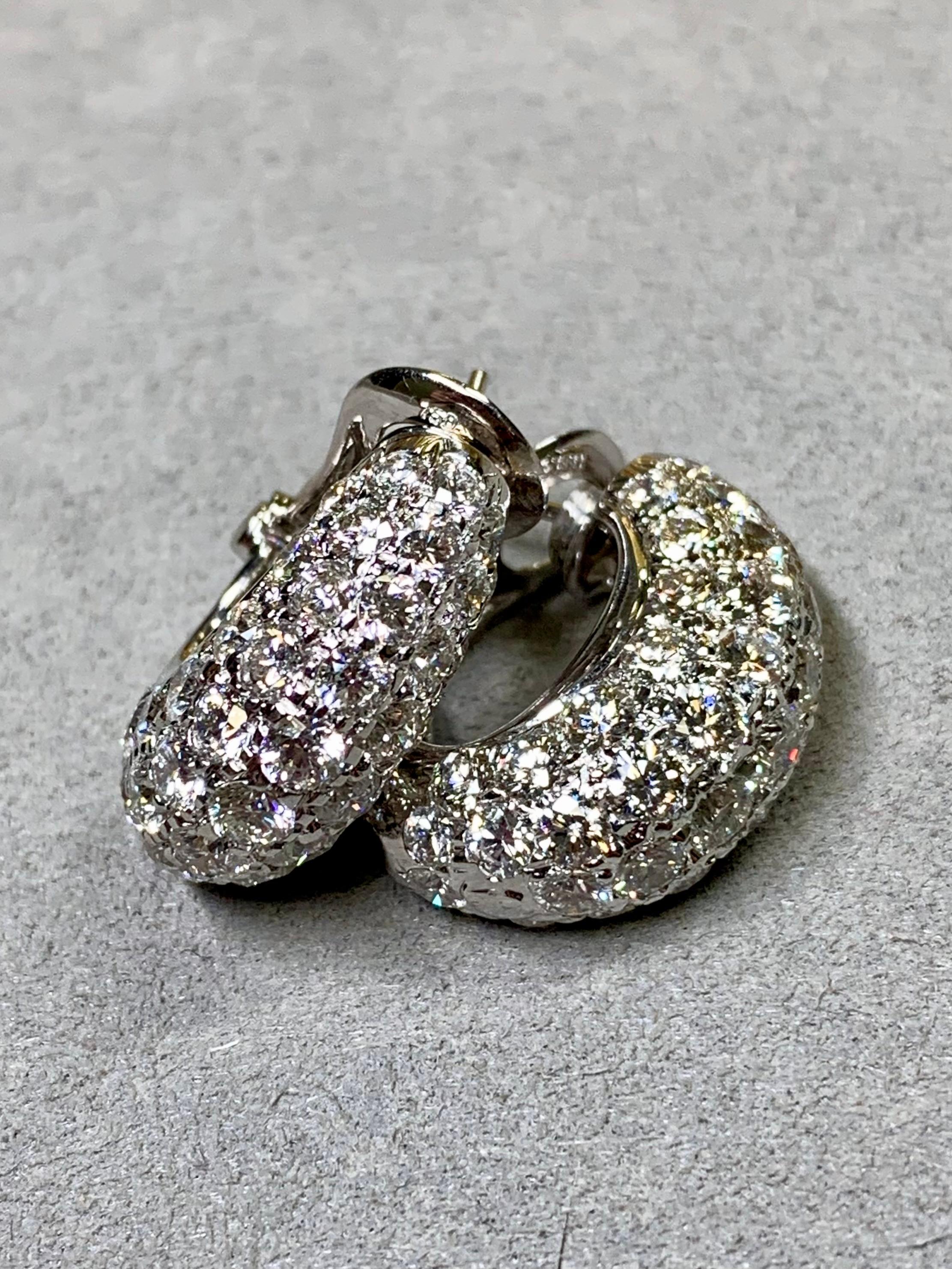 Estate 18K White Gold Diamond J Hoop Shrimp Huggie Omega Back Earrings 9.50ctw For Sale 8