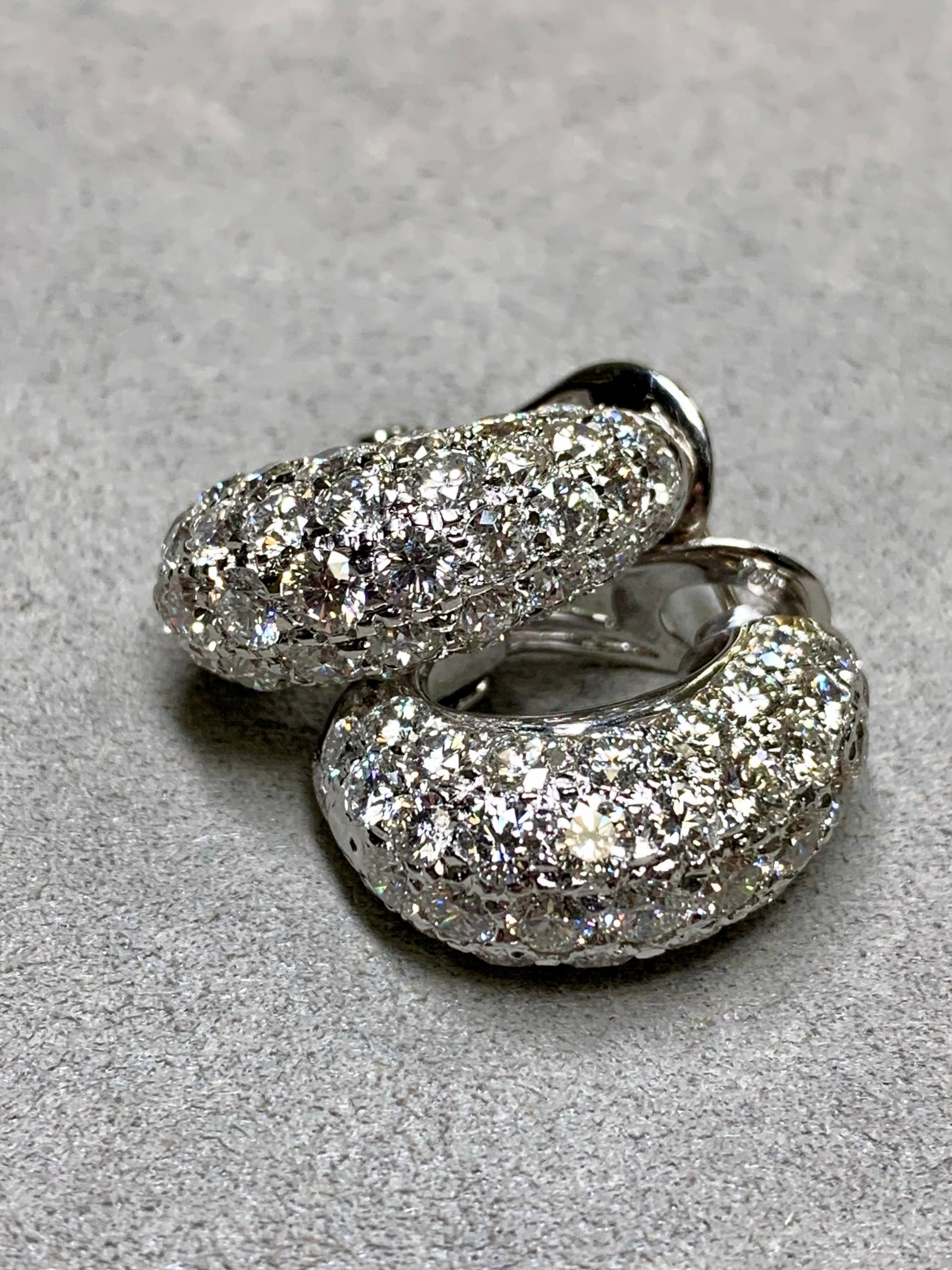 Estate 18K White Gold Diamond J Hoop Shrimp Huggie Omega Back Earrings 9.50ctw For Sale 1