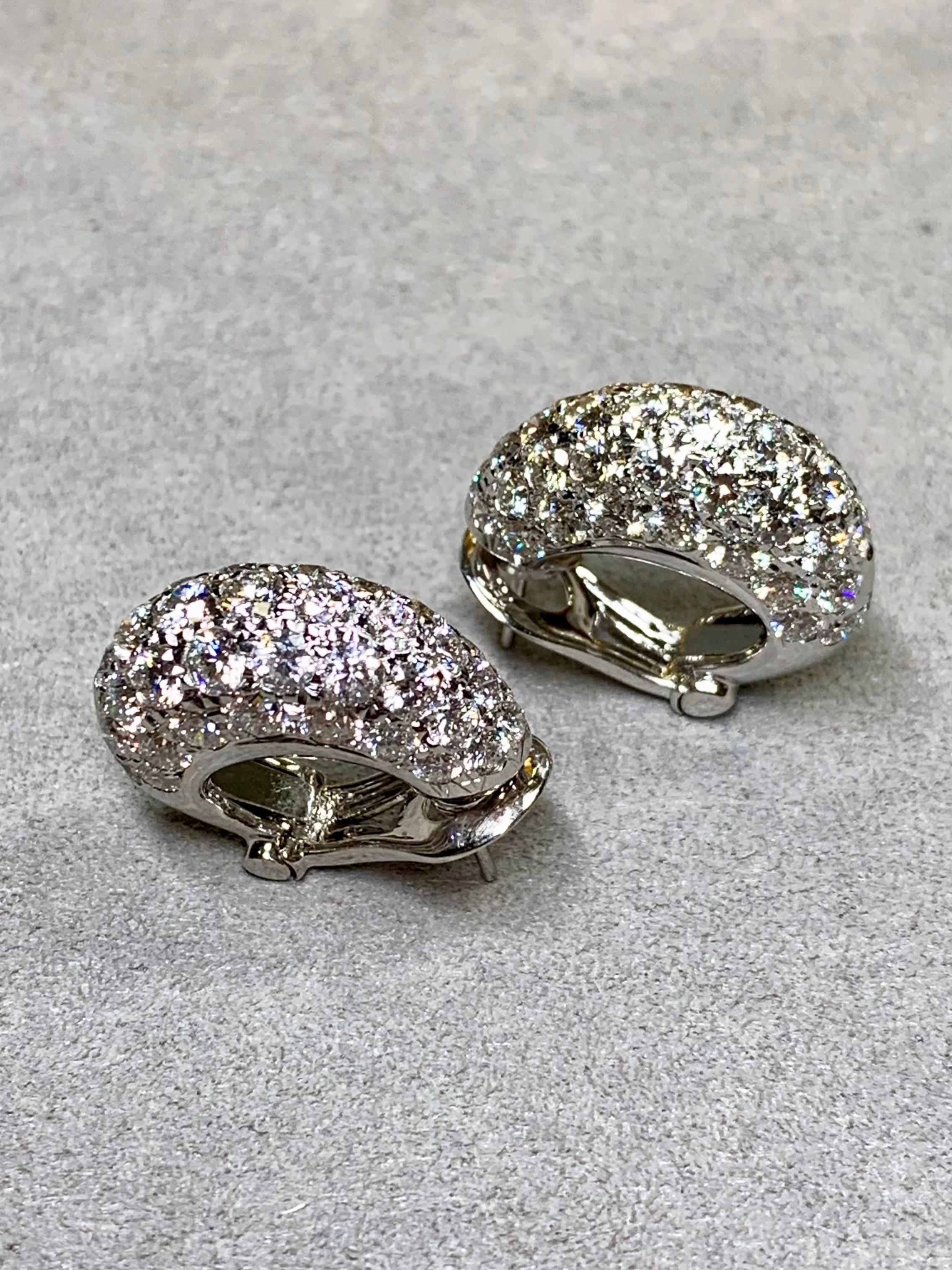 Estate 18K White Gold Diamond J Hoop Shrimp Huggie Omega Back Earrings 9.50ctw For Sale 2