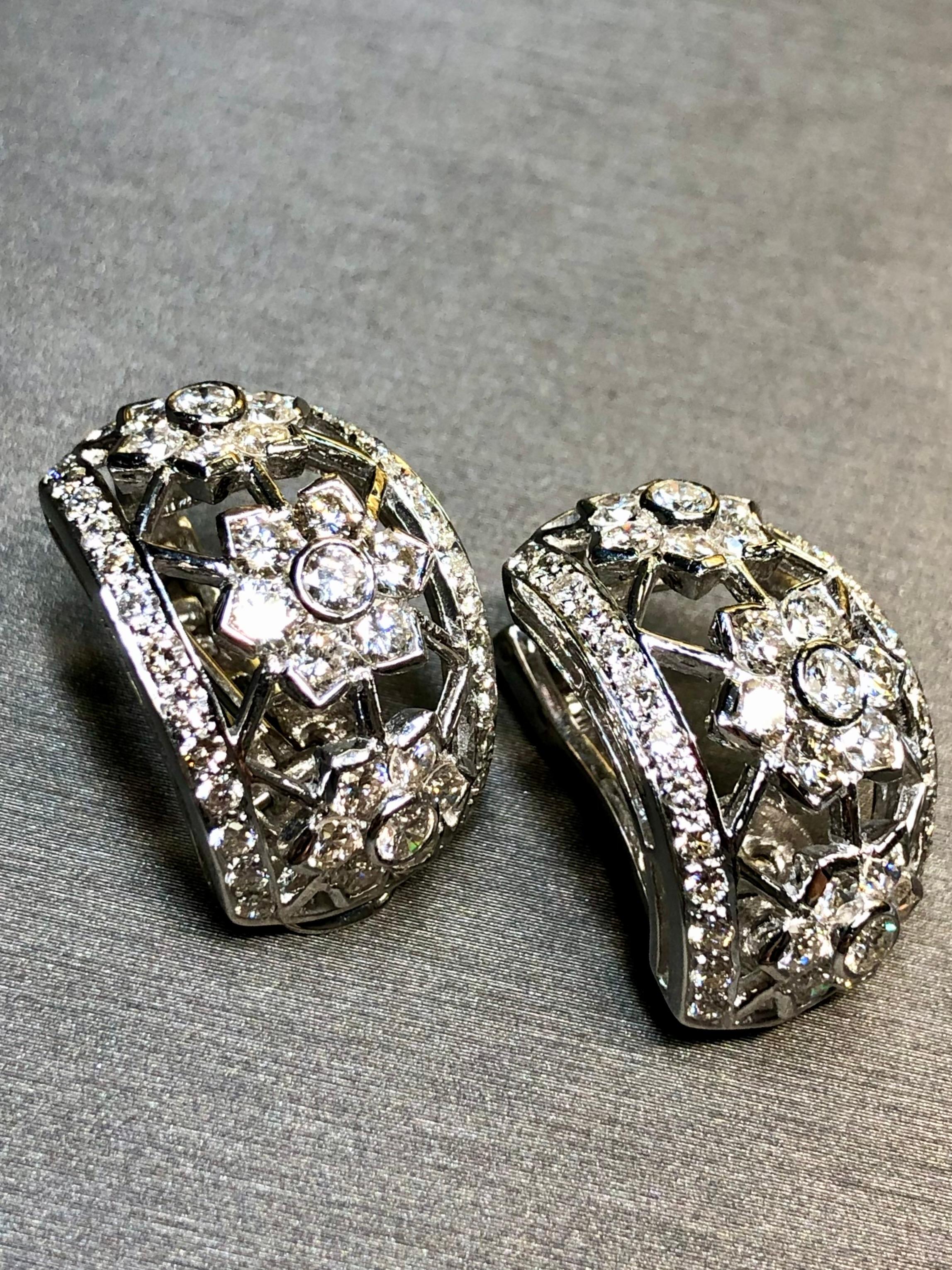 Estate 18K White Gold Diamond Openwork Floral Shrimp Huggie Earrings 4.65ctw In Excellent Condition For Sale In Winter Springs, FL