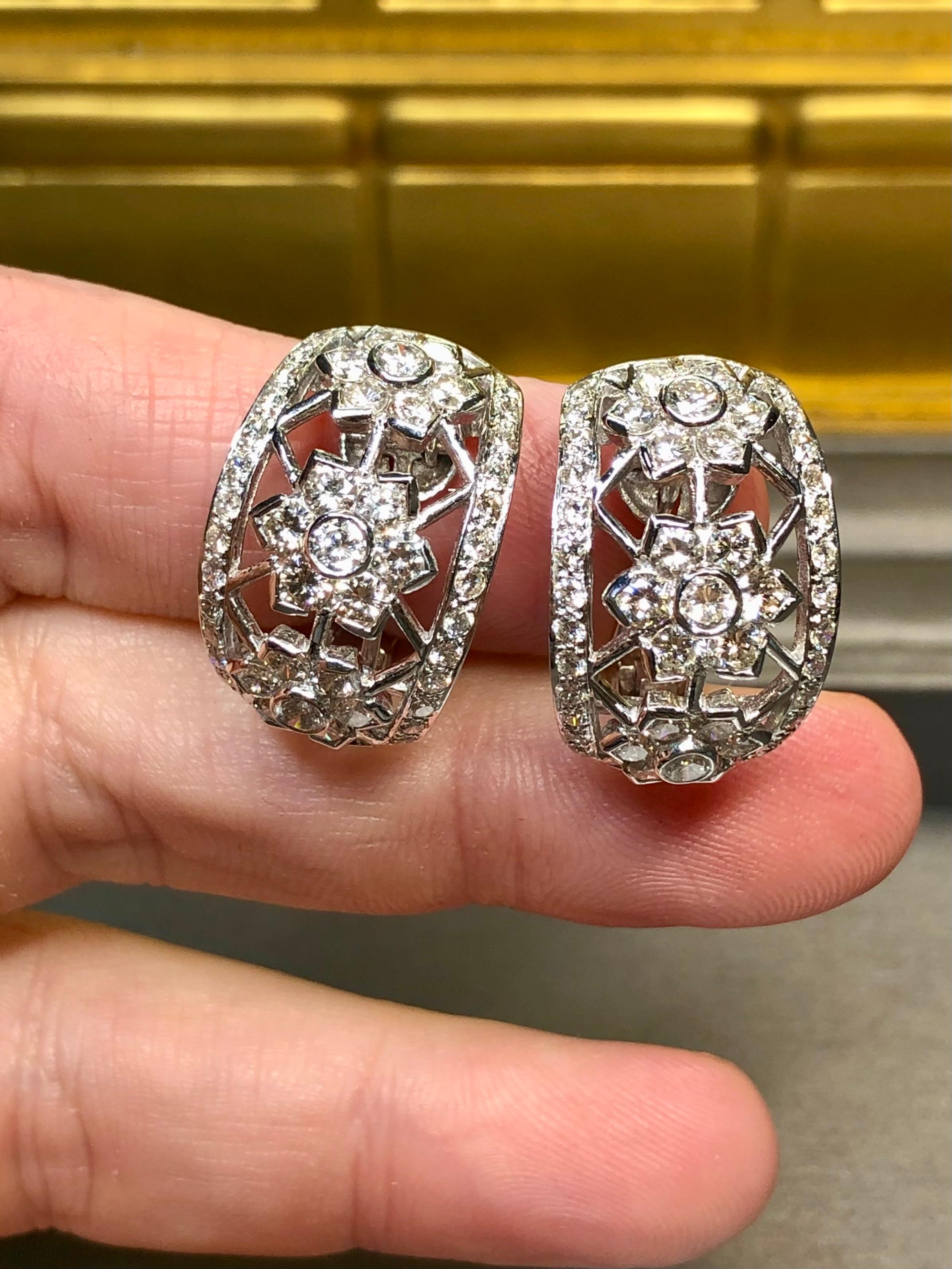 Estate 18K White Gold Diamond Openwork Floral Shrimp Huggie Earrings 4.65ctw For Sale 1