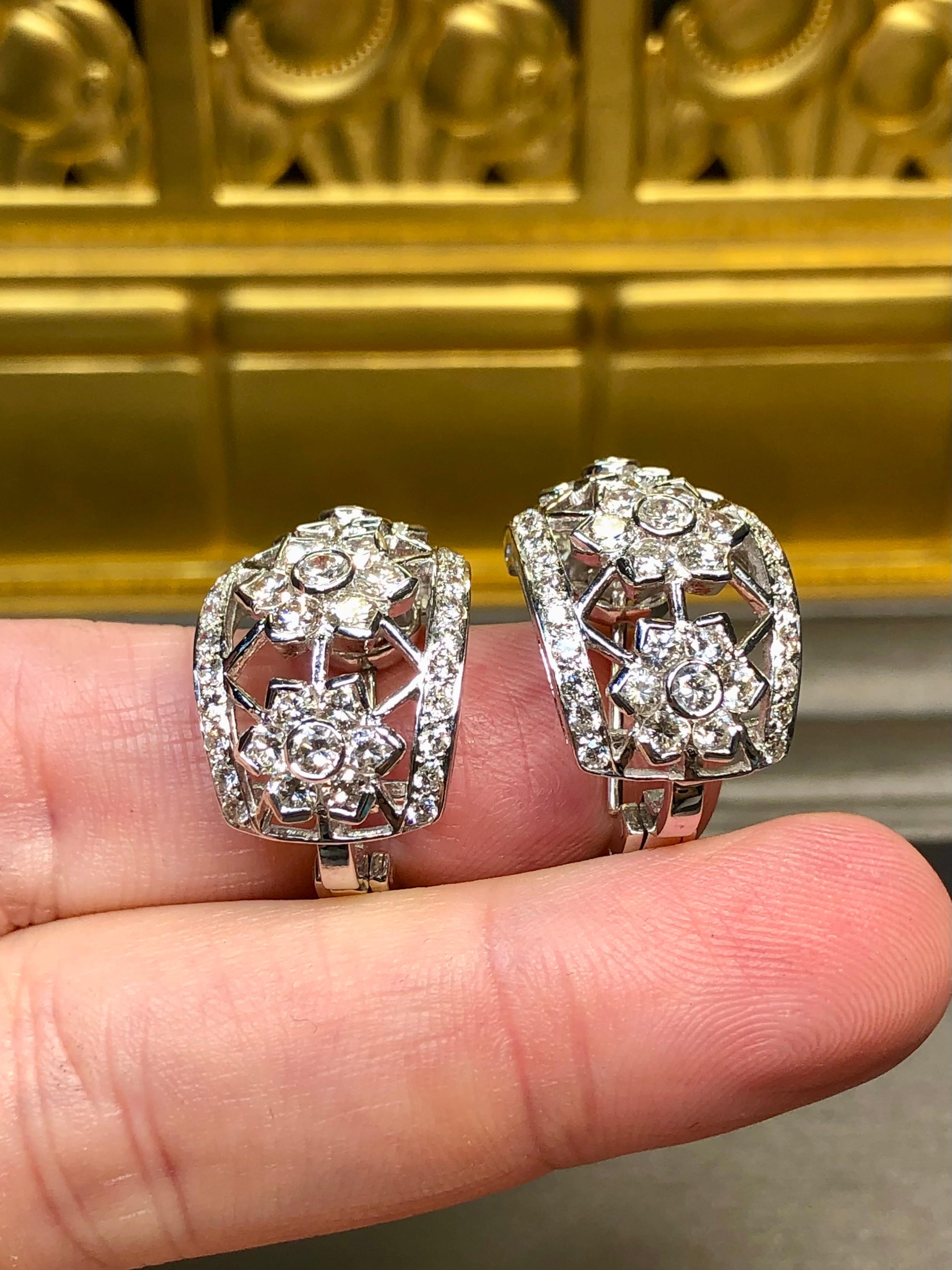 Estate 18K White Gold Diamond Openwork Floral Shrimp Huggie Earrings 4.65ctw For Sale 2