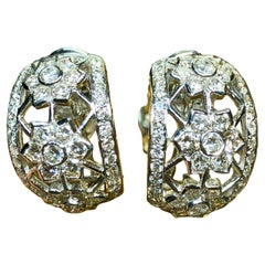 Estate 18K White Gold Diamond Openwork Floral Shrimp Huggie Earrings 4.65ctw