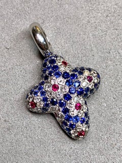 Estate 18K White Gold Diamond Sapphire Ruby Puffed Cross Pendant 5.30ctw