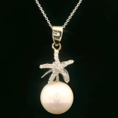 Estate 18k White Gold Diamond Starfish w/ Large South Sea Pearl Pendant Necklace