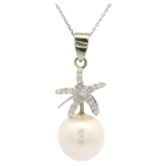 Estate 18k White Gold Diamond Starfish w/ Large South Sea Pearl Pendant Necklace