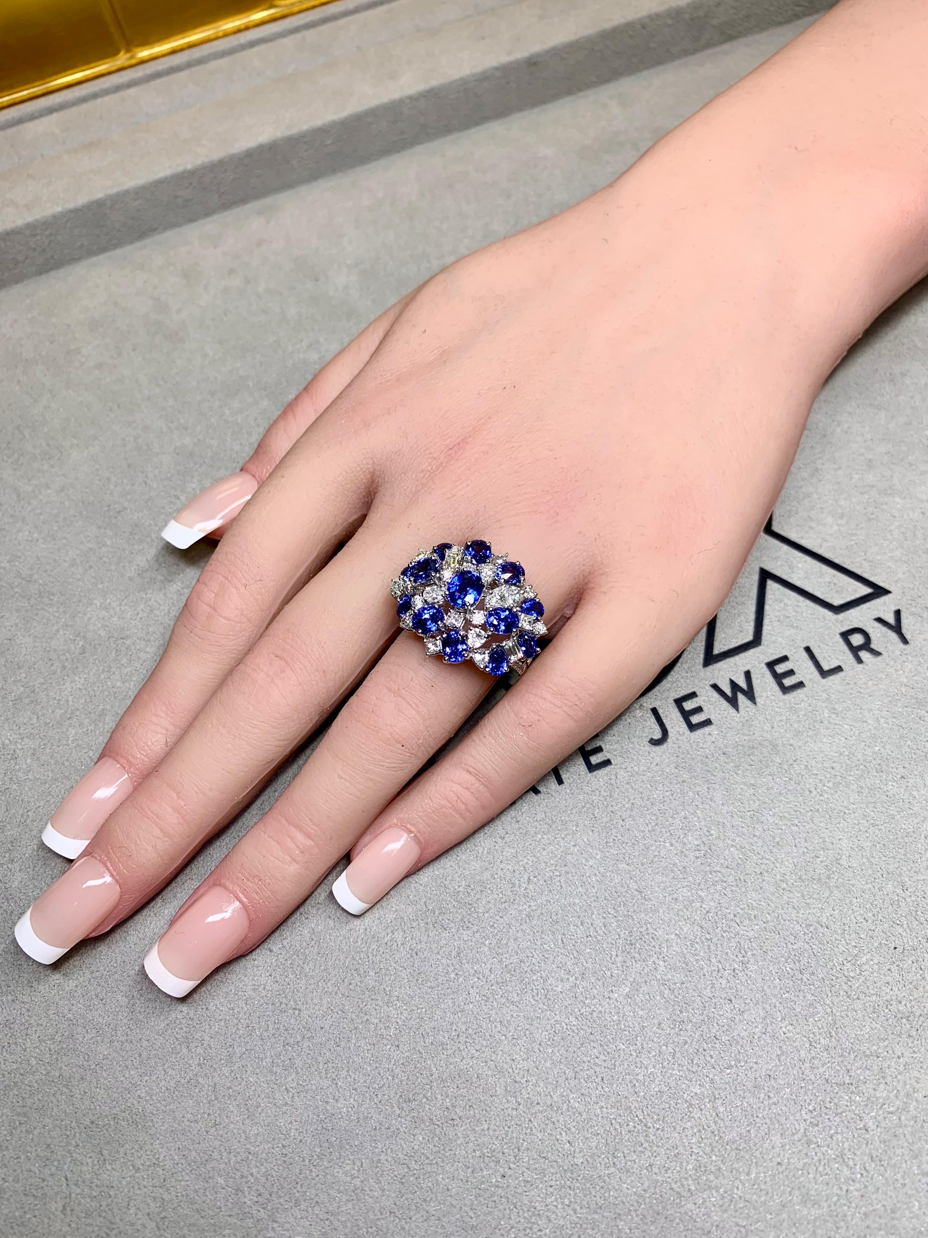 Estate 18K White Gold Fancy Diamond Sapphire Large Cluster Cocktail Ring 10ctw For Sale 4